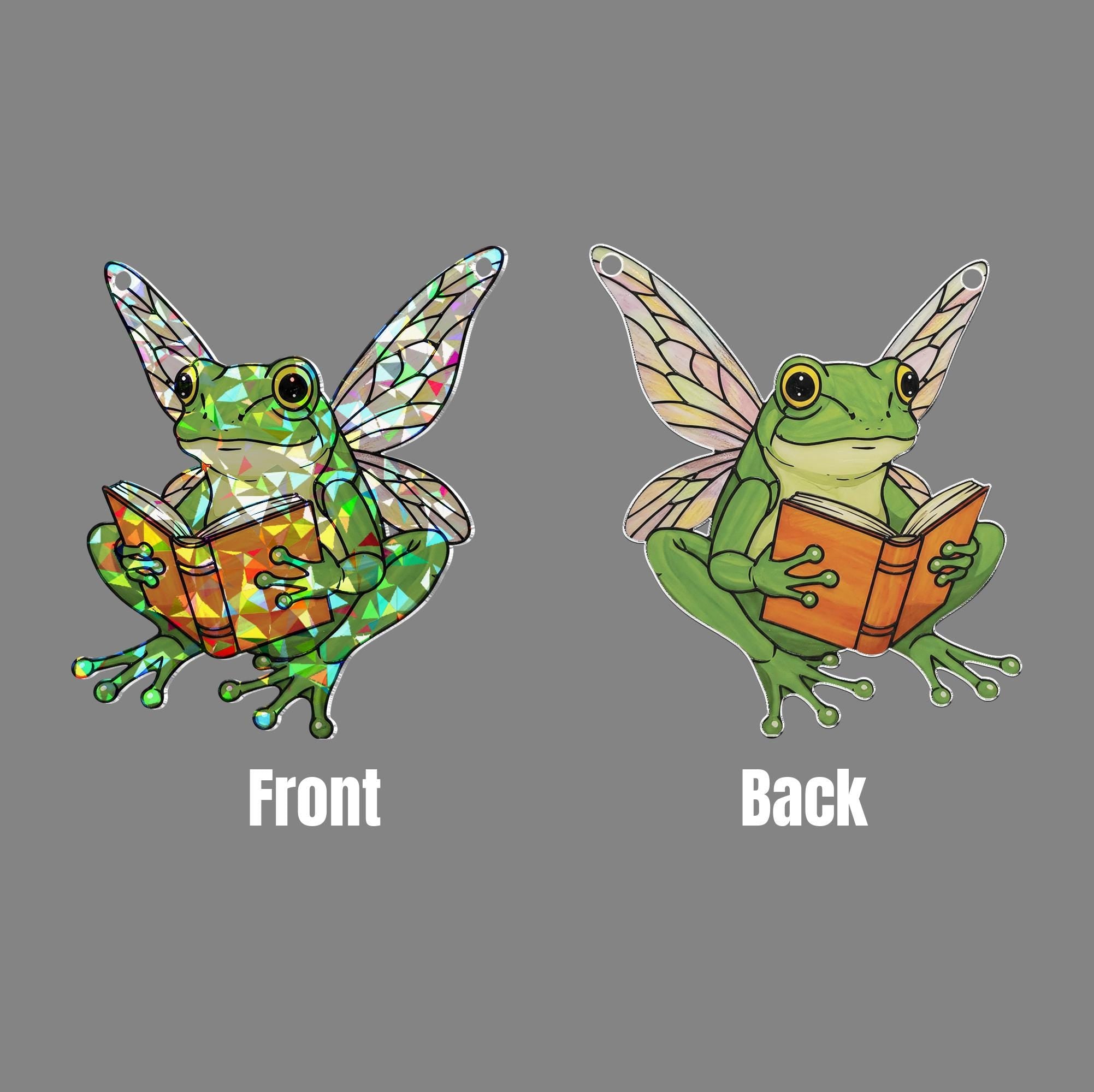 Fairy Frog Reading Hologram Window Hanging, Cute Frog Reading, Frog Lover Gift, Bookish Gift Idea,Cute Animal Gift, Glitter Decor, Frog Gift