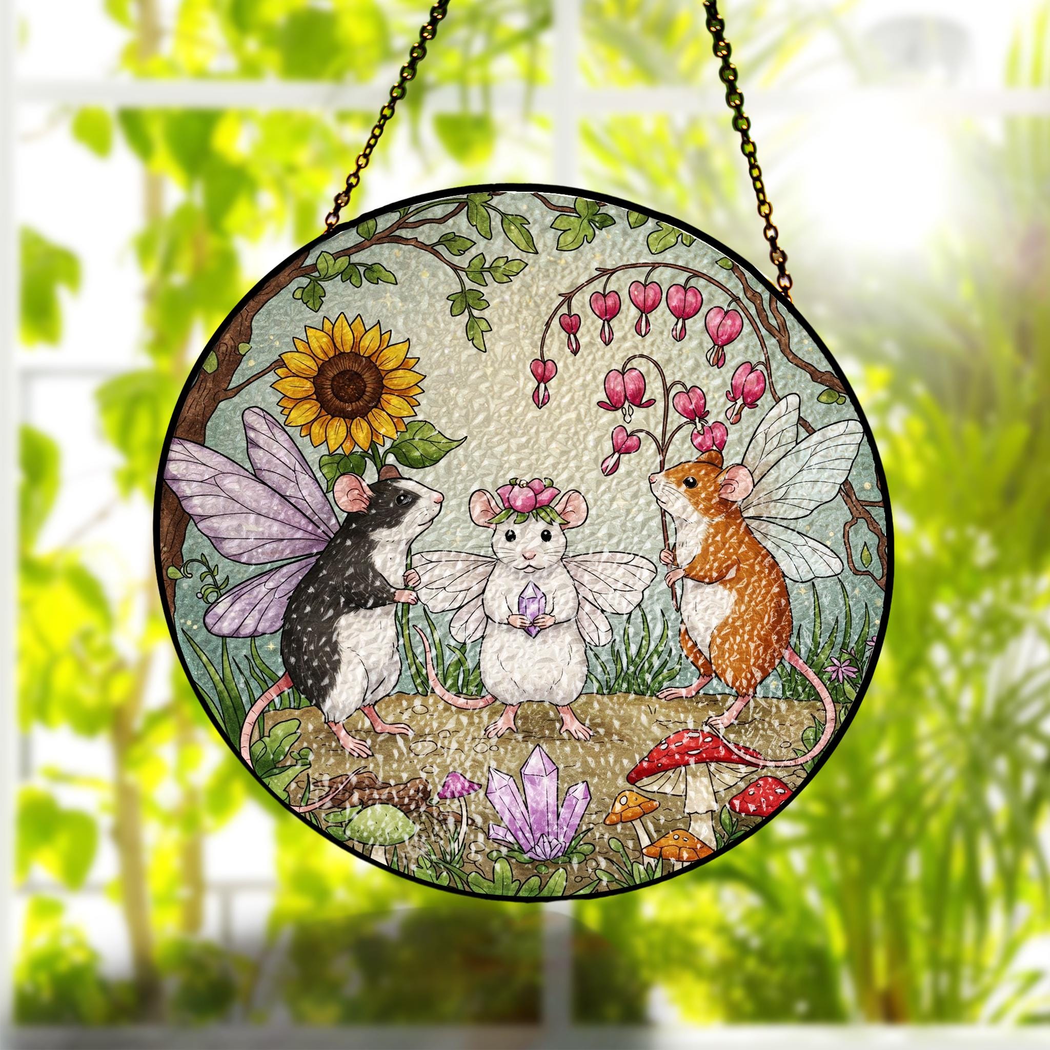 Fairy Rats Glass window hanging, Fairy tail mice glass hanging, home decor, perfect gift for kids room decor, funny fairy glass ornament
