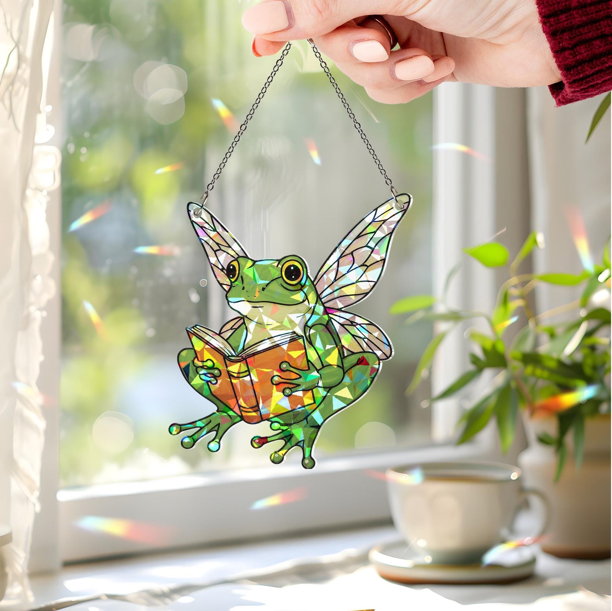 Fairy Frog Reading Hologram Window Hanging, Cute Frog Reading, Frog Lover Gift, Bookish Gift Idea,Cute Animal Gift, Glitter Decor, Frog Gift