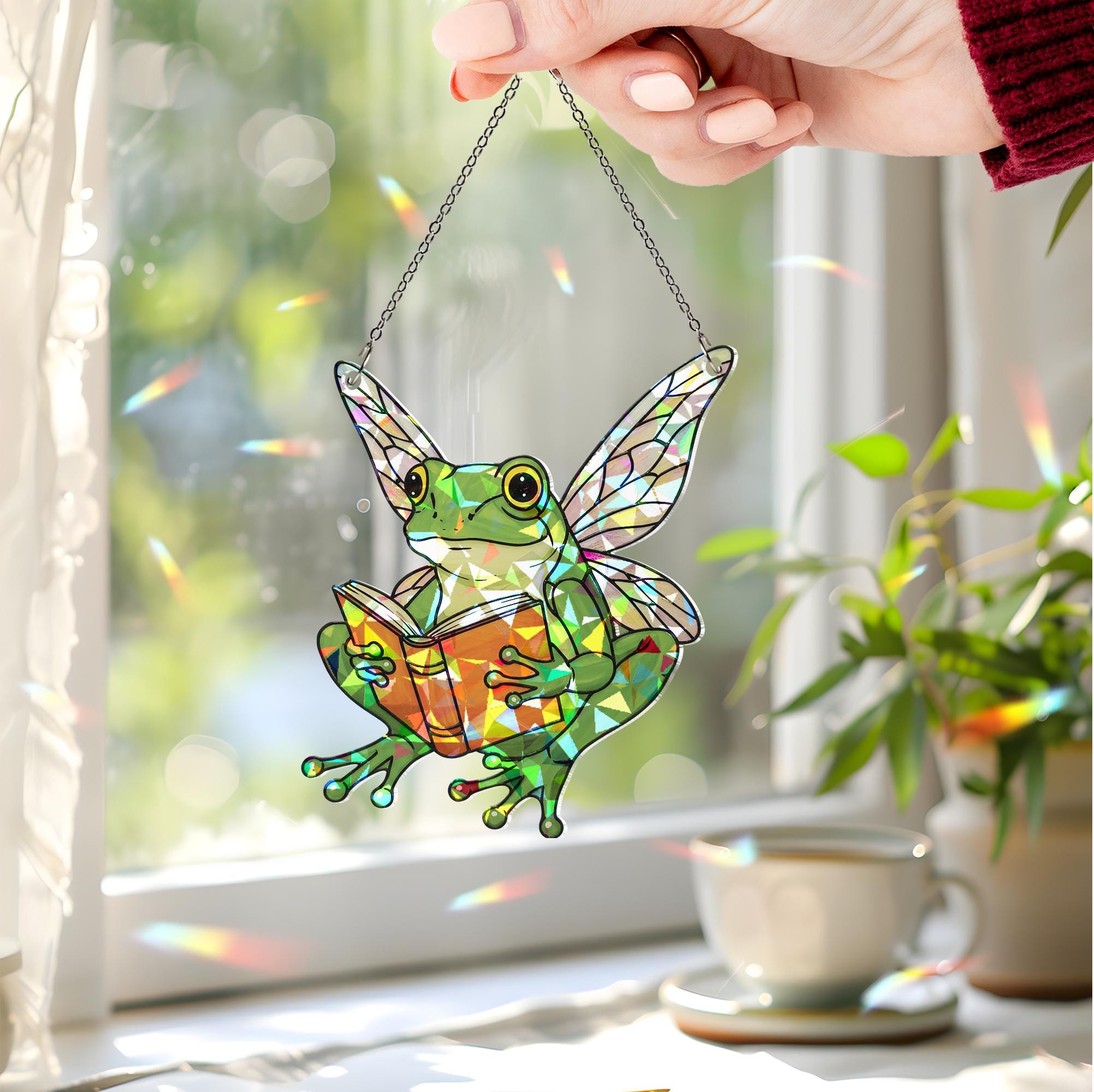 Fairy Frog Reading Hologram Window Hanging, Cute Frog Reading, Frog Lover Gift, Bookish Gift Idea,Cute Animal Gift, Glitter Decor, Frog Gift