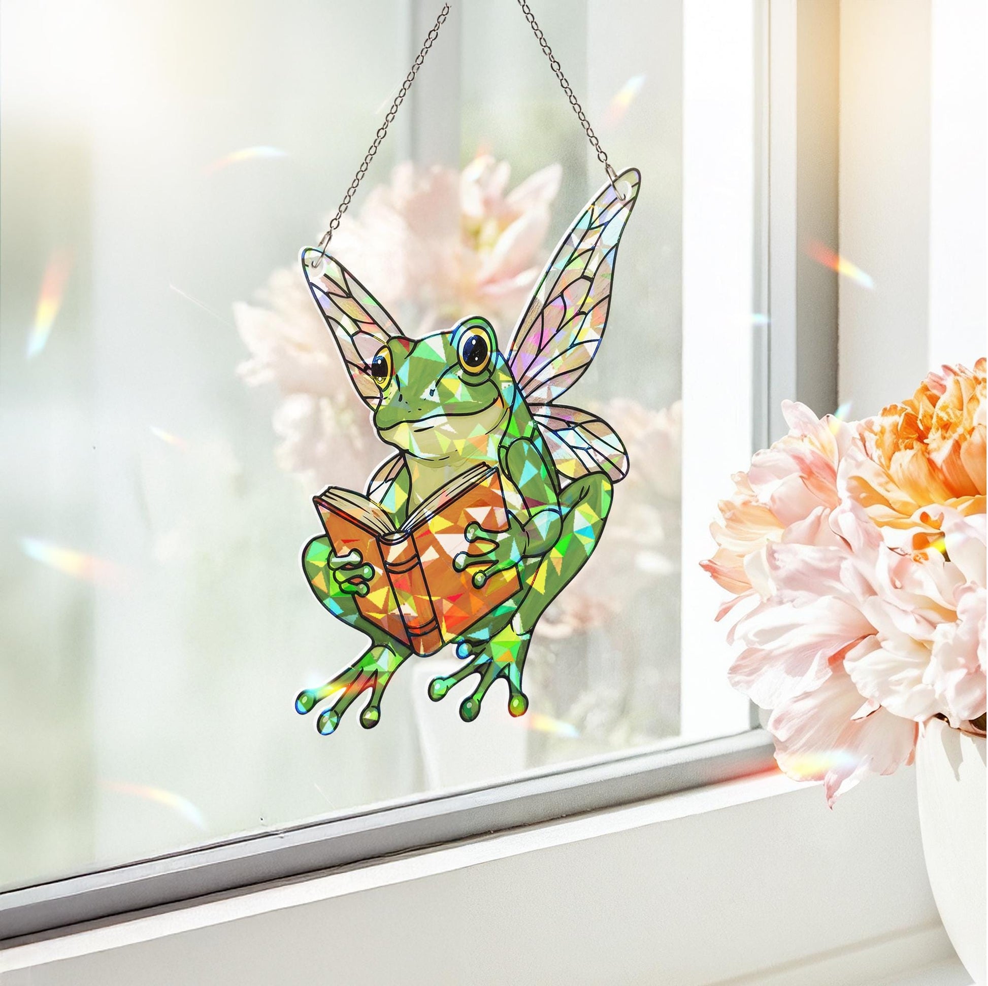 Fairy Frog Reading Hologram Window Hanging, Cute Frog Reading, Frog Lover Gift, Bookish Gift Idea,Cute Animal Gift, Glitter Decor, Frog Gift