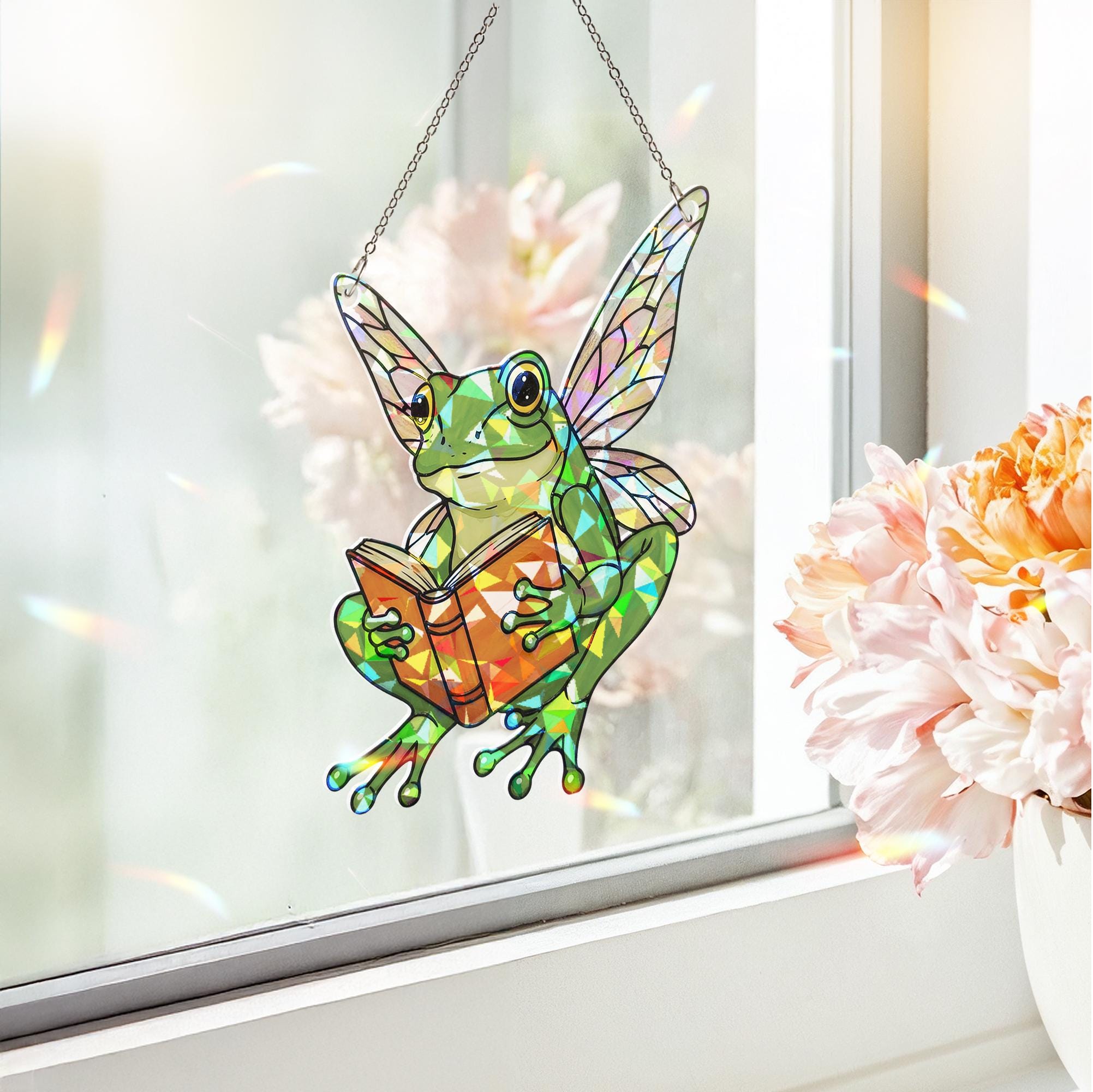 Fairy Frog Reading Hologram Window Hanging, Cute Frog Reading, Frog Lover Gift, Bookish Gift Idea,Cute Animal Gift, Glitter Decor, Frog Gift