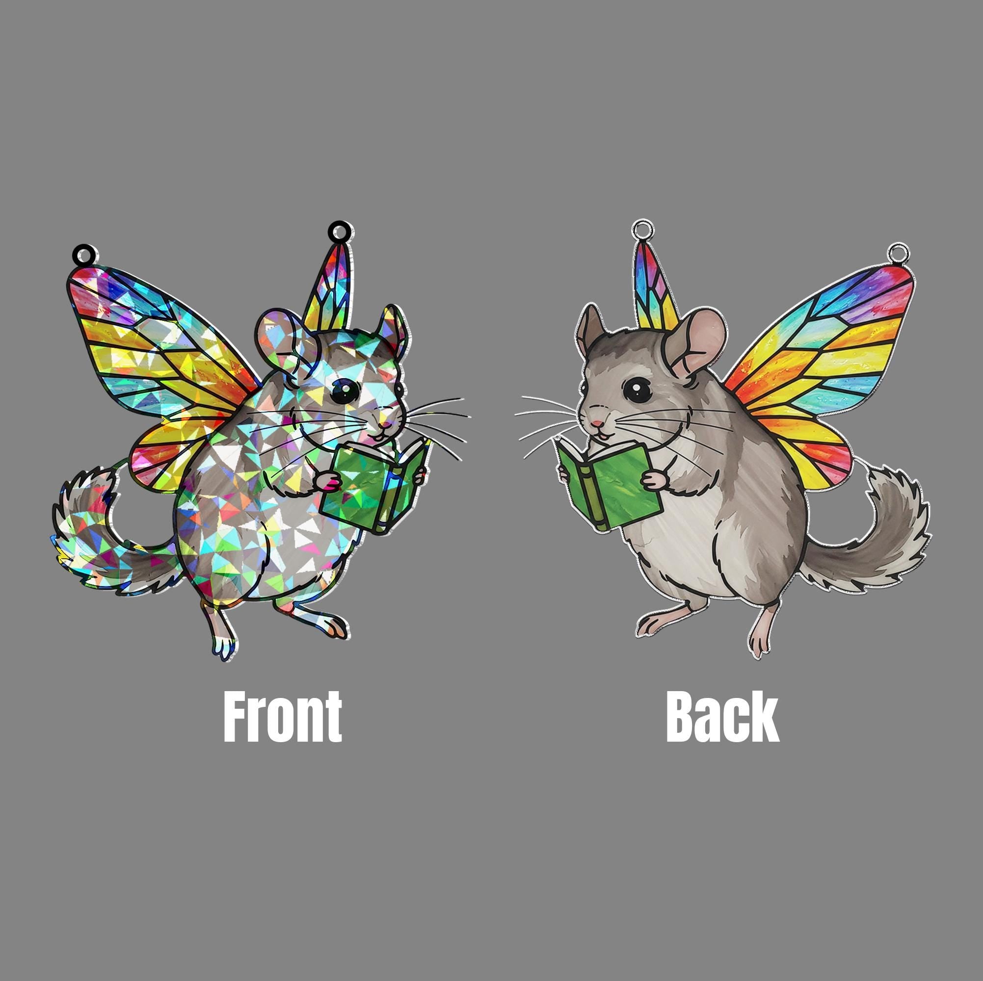 Fairy Chinchilla Reading Acrylic Hologram Window Hanging, Cute Chinchilla Bookish, Chinchilla Lover Gift, Bookish Ornament, Reading Lover