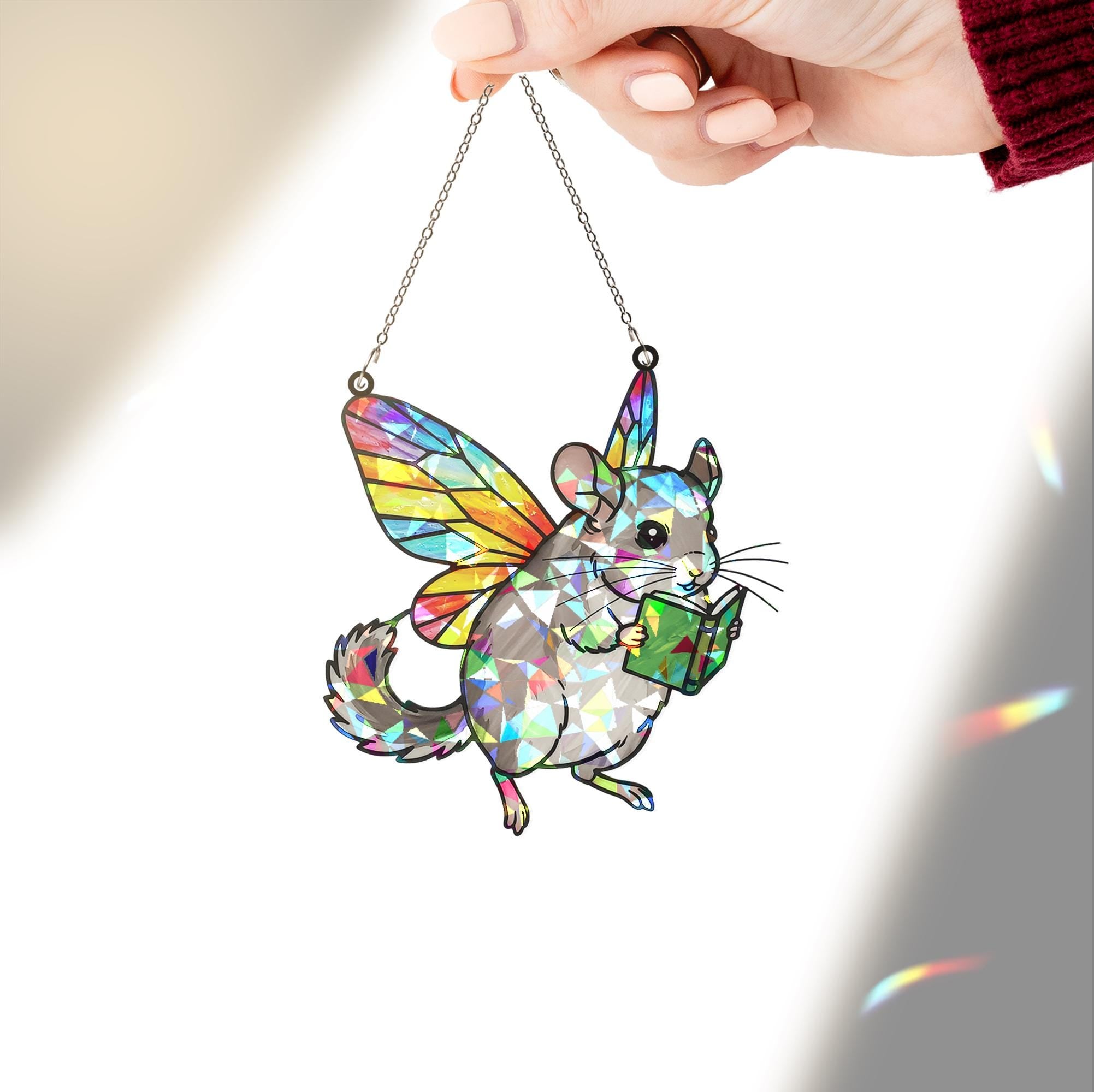 Fairy Chinchilla Reading Acrylic Hologram Window Hanging, Cute Chinchilla Bookish, Chinchilla Lover Gift, Bookish Ornament, Reading Lover