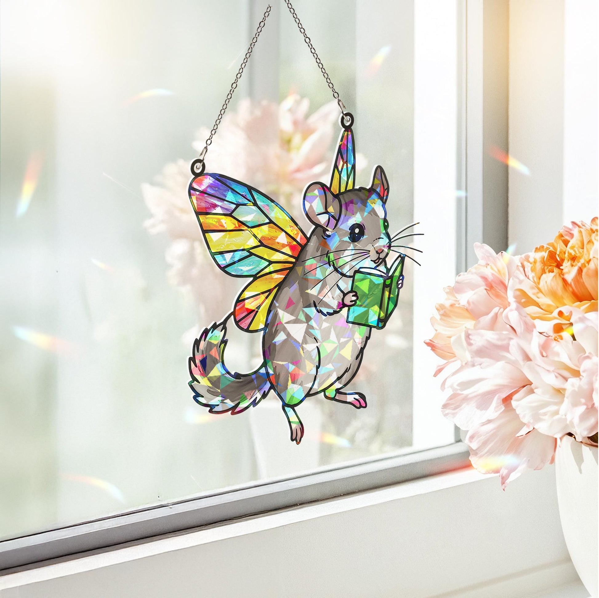Fairy Chinchilla Reading Acrylic Hologram Window Hanging, Cute Chinchilla Bookish, Chinchilla Lover Gift, Bookish Ornament, Reading Lover