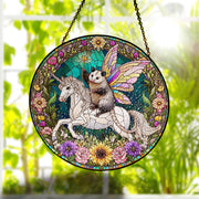 Fairy Godpossum riding unicorn GLASS Suncatcher Hanging, Cute opossum, fairy opossum suncatcher hanging, god possum window hanging