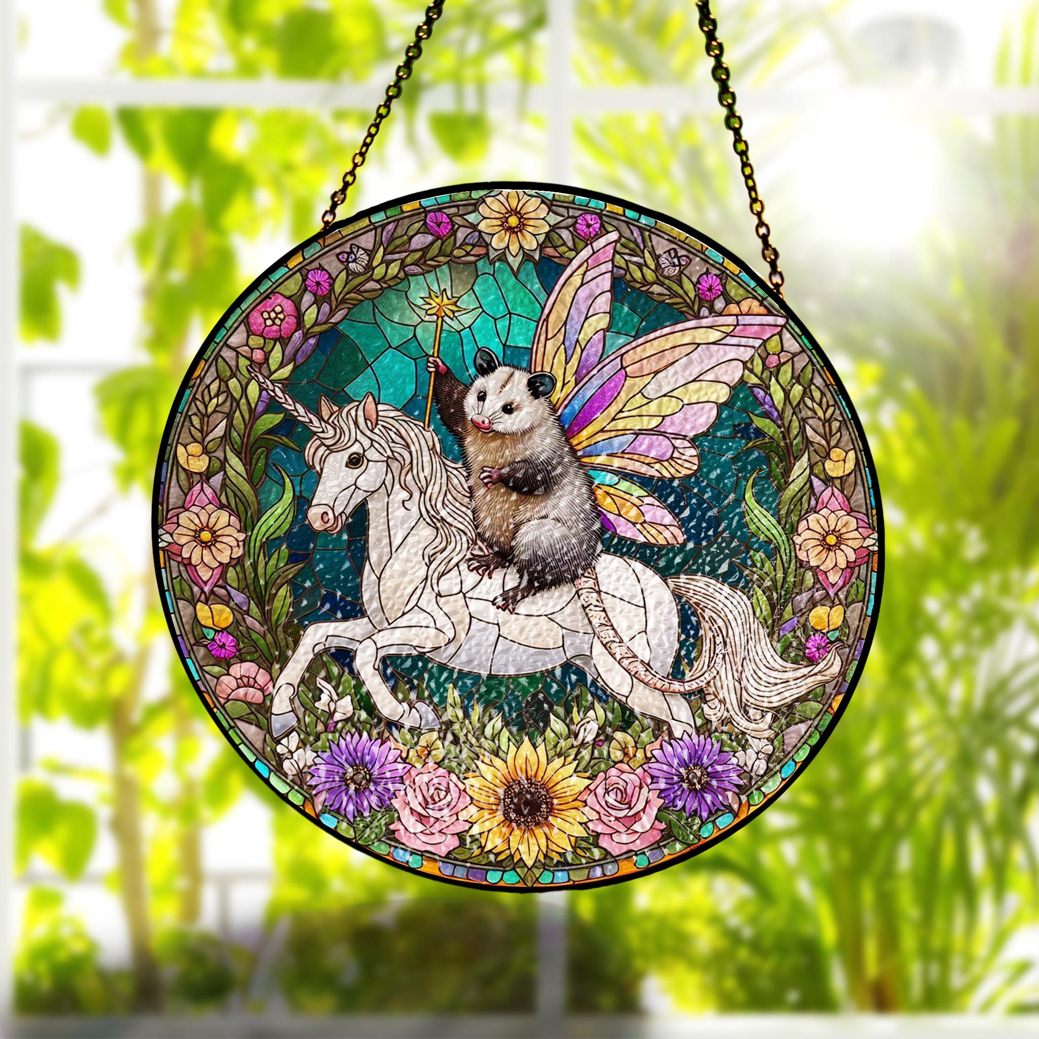 Fairy Godpossum riding unicorn GLASS Suncatcher Hanging, Cute opossum, fairy opossum suncatcher hanging, god possum window hanging