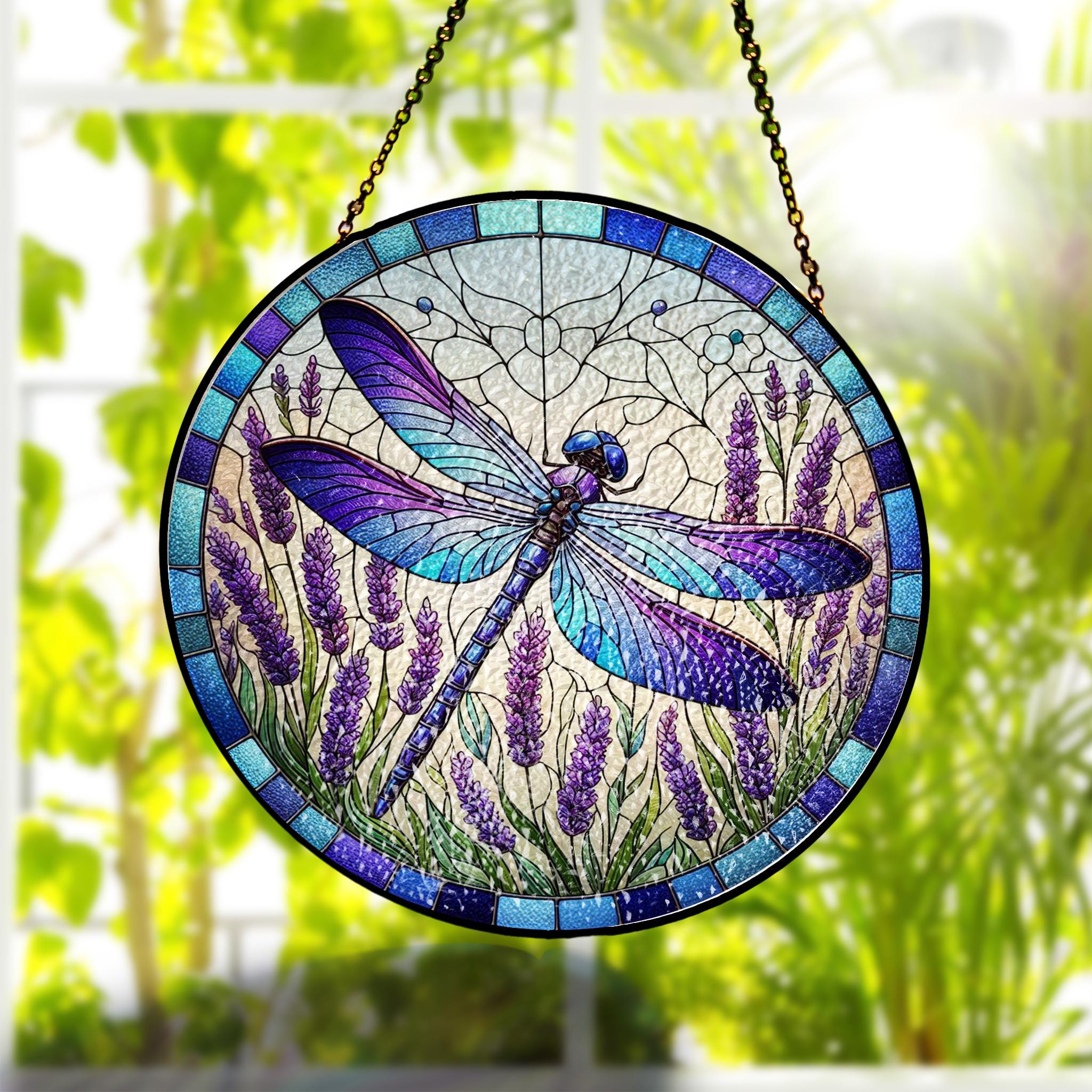Mother's day gift 2025 - Dragonfly and lavender Glass window hanging, Dragonfly Suncatcher, Birth month flower Glass Art, gift for mom nana