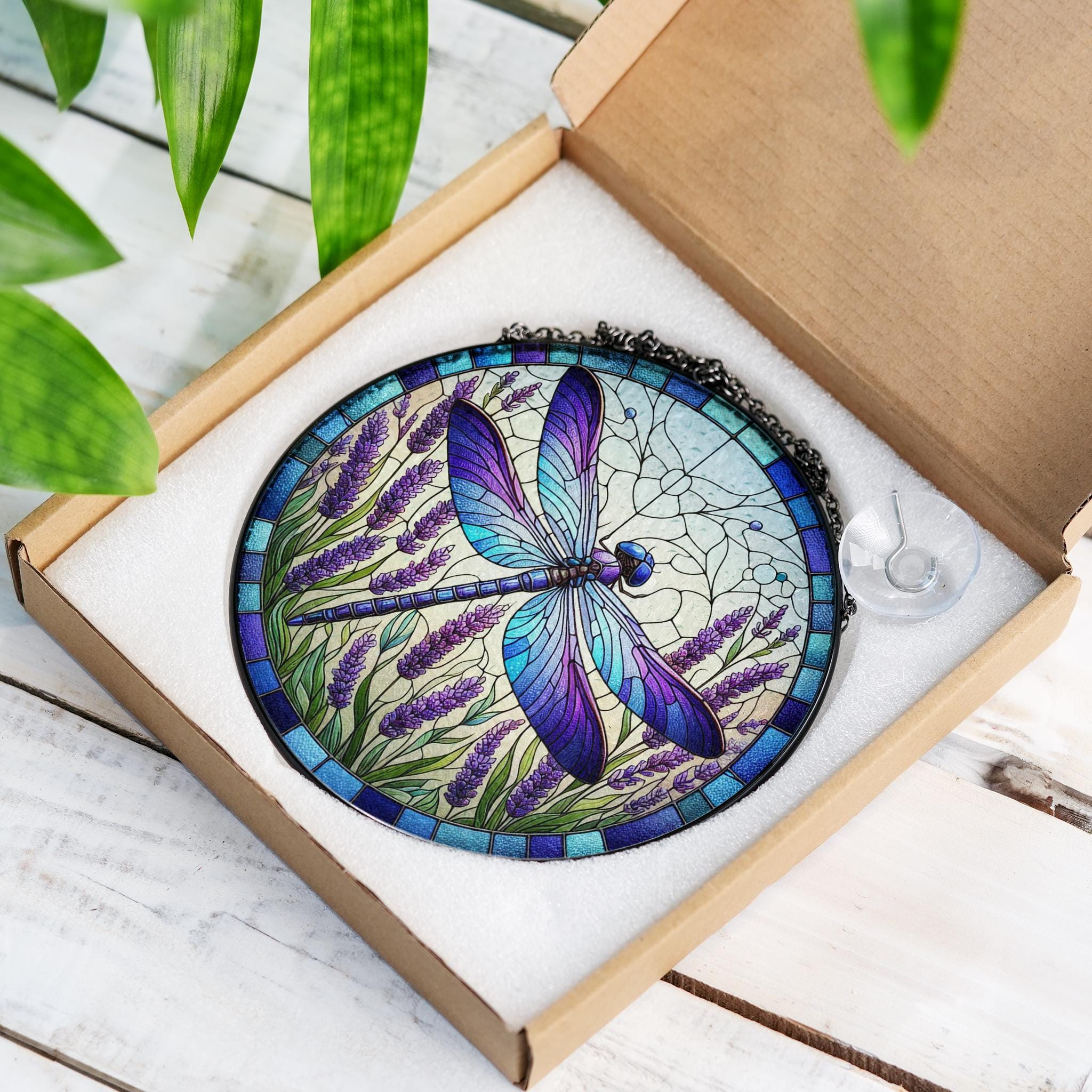 Mother's day gift 2025 - Dragonfly and lavender Glass window hanging, Dragonfly Suncatcher, Birth month flower Glass Art, gift for mom nana