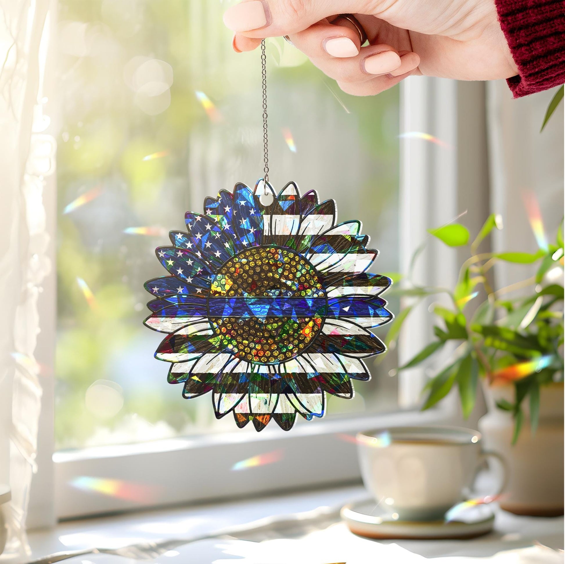 Police Mom Sunflower Suncatcher – Hologram Blue Line Acrylic Window Decor – Mother’s Day Gift from Daughter 2025