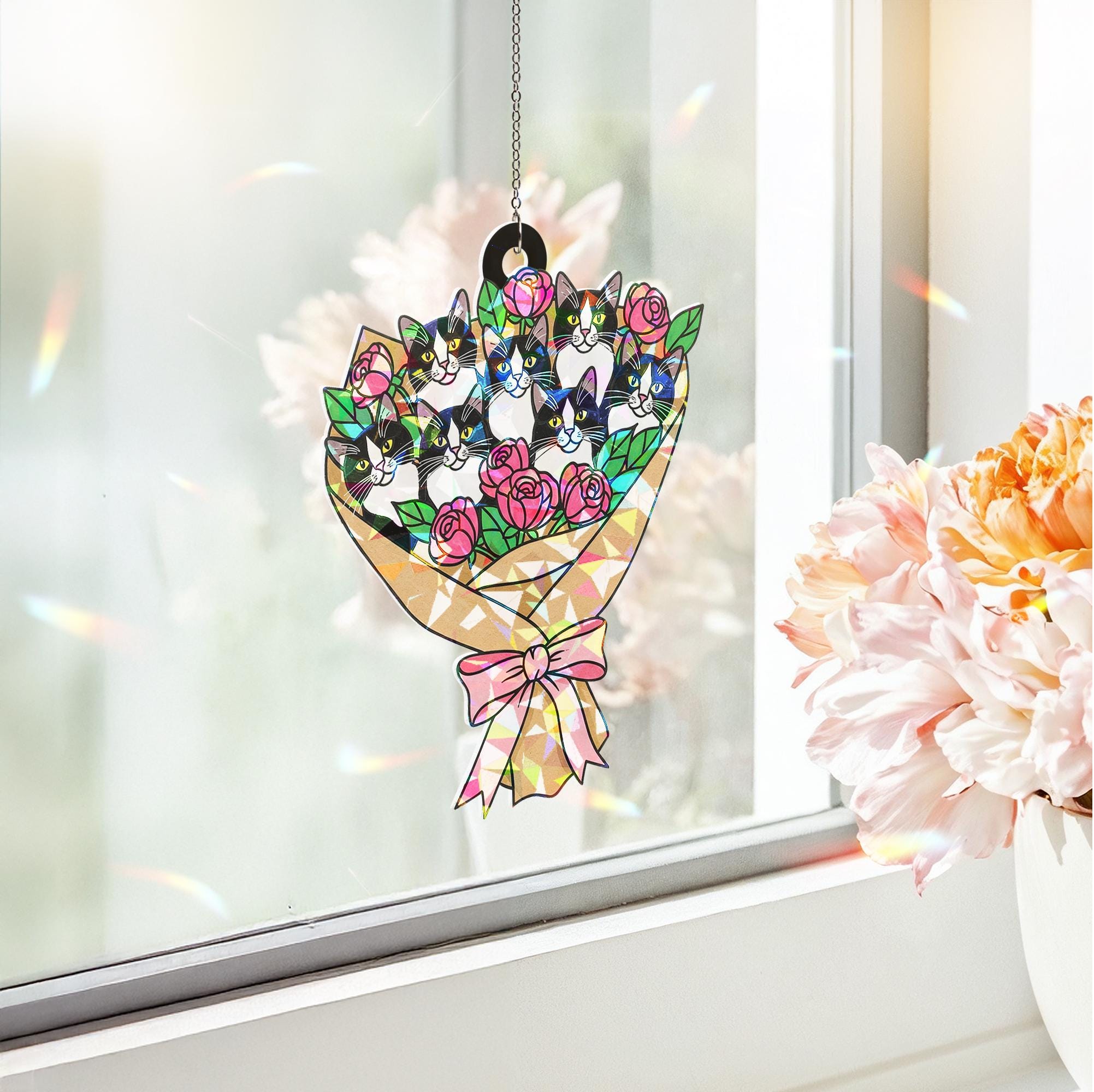 Tuxedo Cat Bouquet Holographic Acrylic Suncatcher – Holographic Window Hanging Gift for Cat Mom, Cute Floral Cat Lover Decor for Her