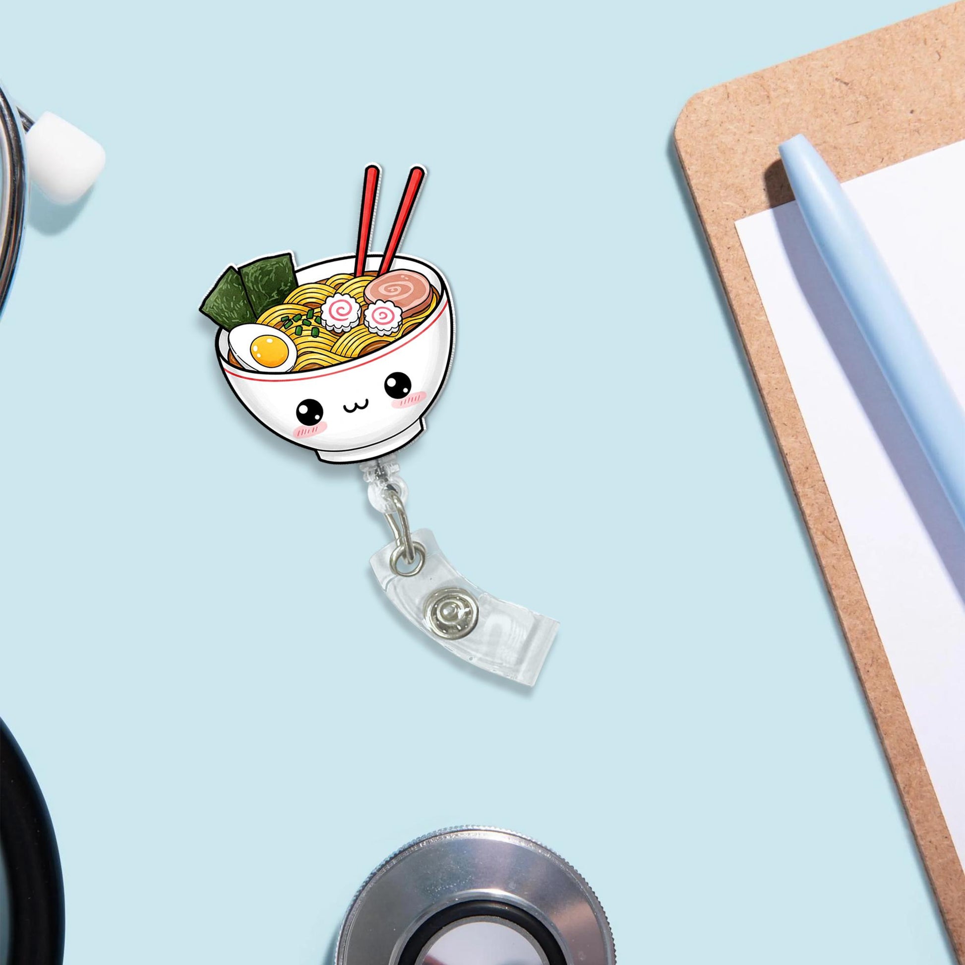 Cute Ramen Badge Reel – Kawaii Noodle Bowl Retractable ID Holder, Foodie Badge Clip, Funny Gift for Nurses & Office Workers