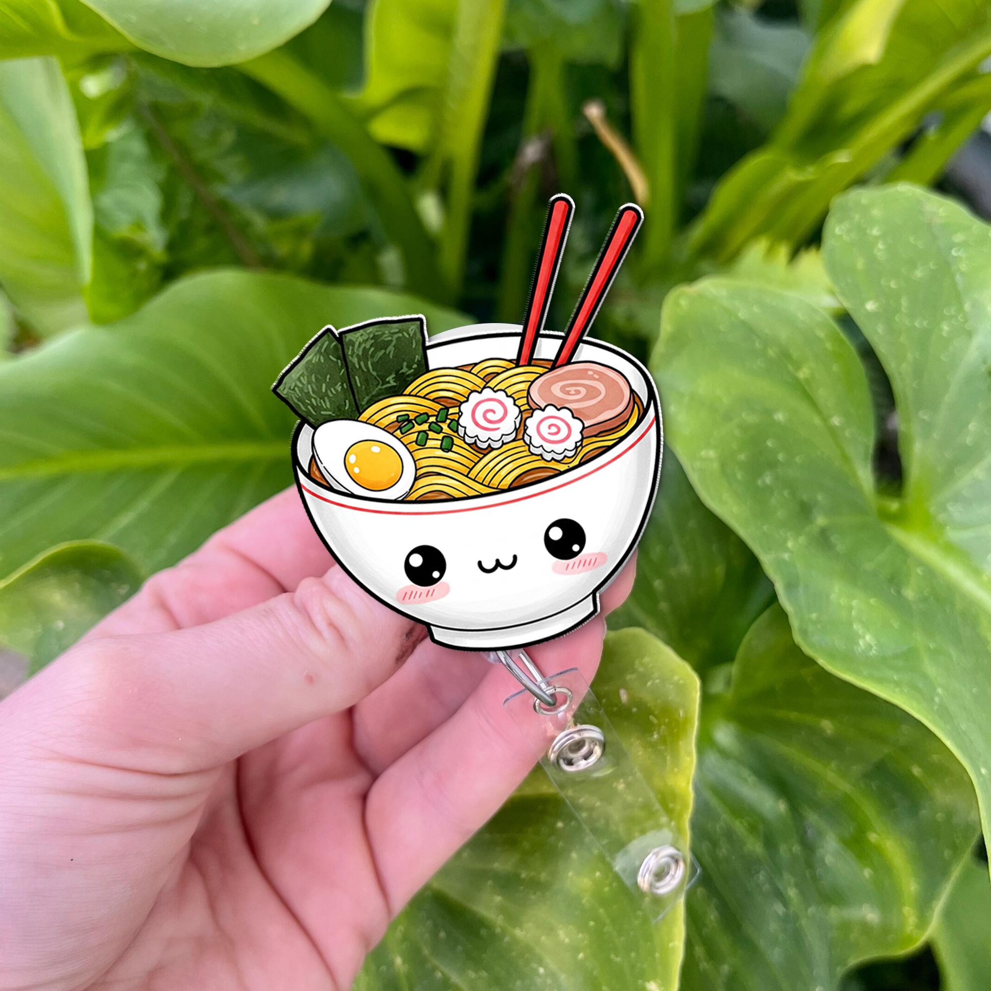 Cute Ramen Badge Reel – Kawaii Noodle Bowl Retractable ID Holder, Foodie Badge Clip, Funny Gift for Nurses & Office Workers