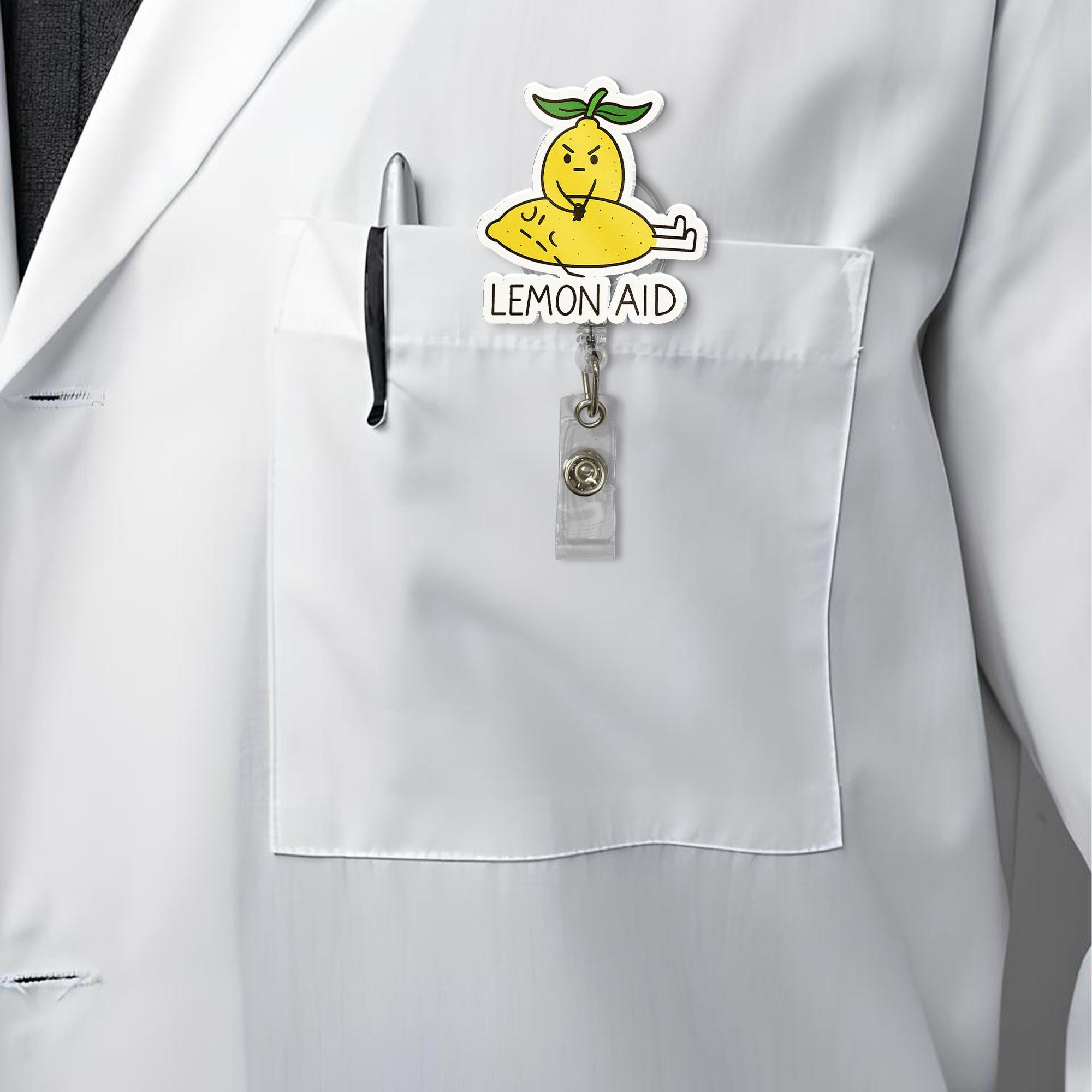 Lemon Aid Badge Reel – Cute Lemon Pun Retractable ID Holder, Funny Nurse Badge Clip, Kawaii Citrus Badge for Healthcare Workers