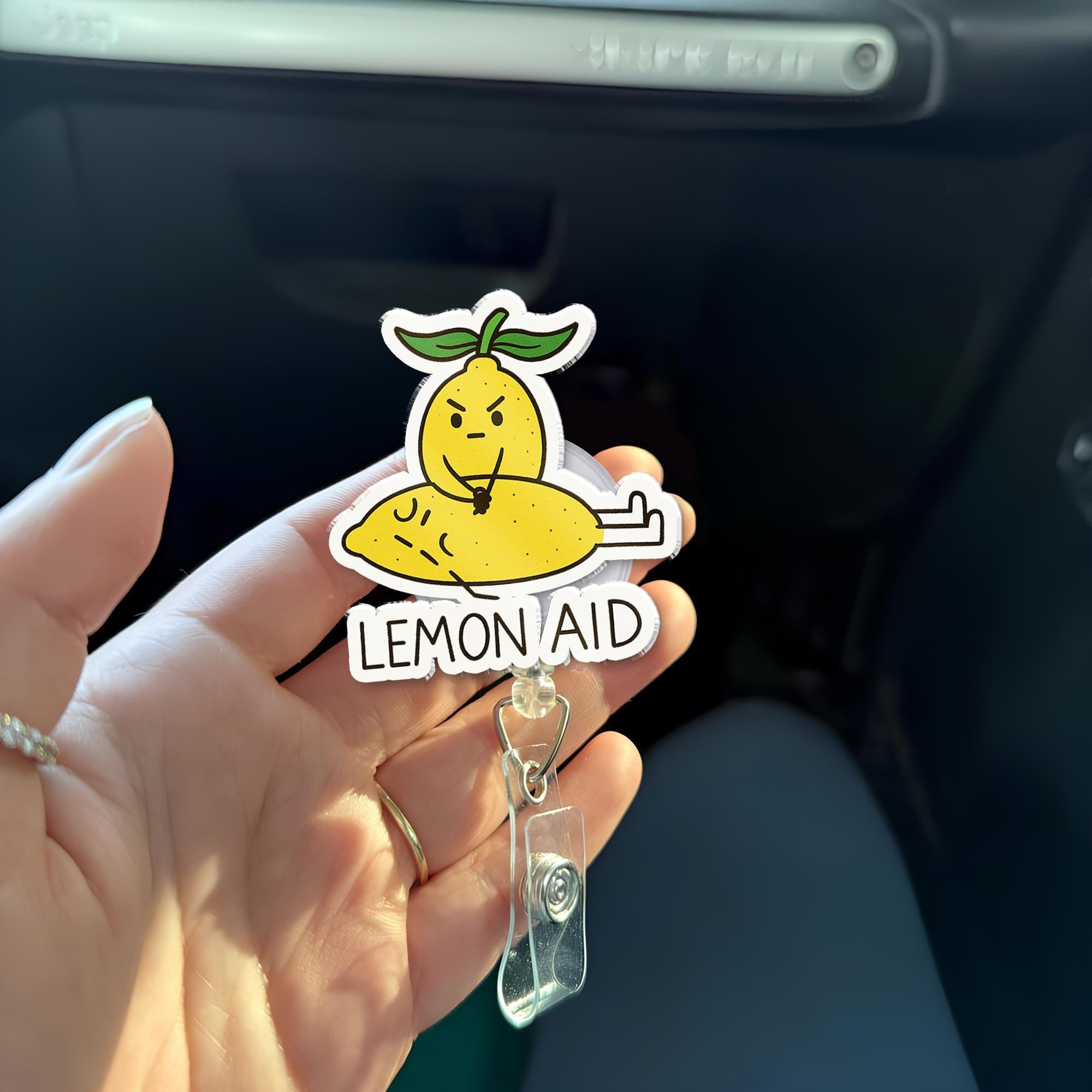 Lemon Aid Badge Reel – Cute Lemon Pun Retractable ID Holder, Funny Nurse Badge Clip, Kawaii Citrus Badge for Healthcare Workers