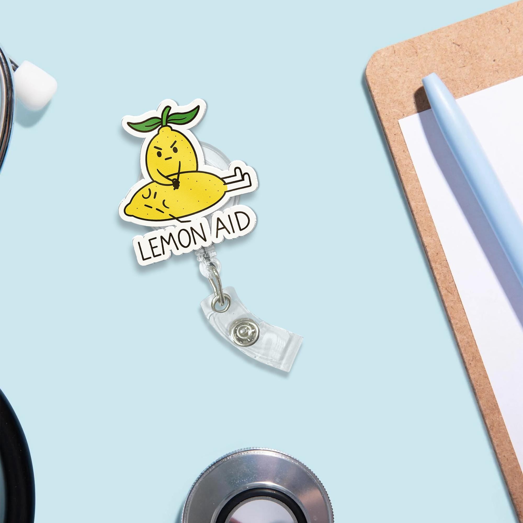 Lemon Aid Badge Reel – Cute Lemon Pun Retractable ID Holder, Funny Nurse Badge Clip, Kawaii Citrus Badge for Healthcare Workers