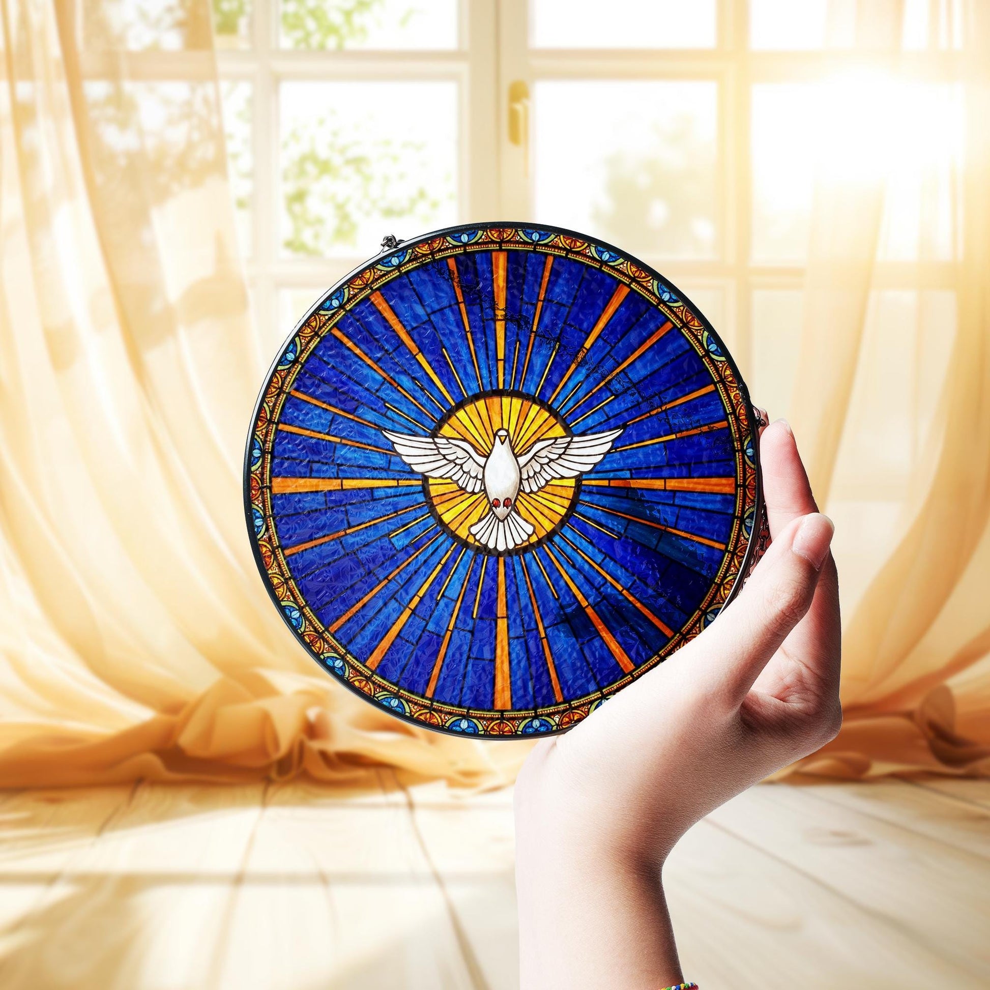 Holy Spirit Dove Suncatcher – White Dove Glass Window Hanging, Christian Gift for Mom, Prayer Room Decor, Faith Stained Glass Art