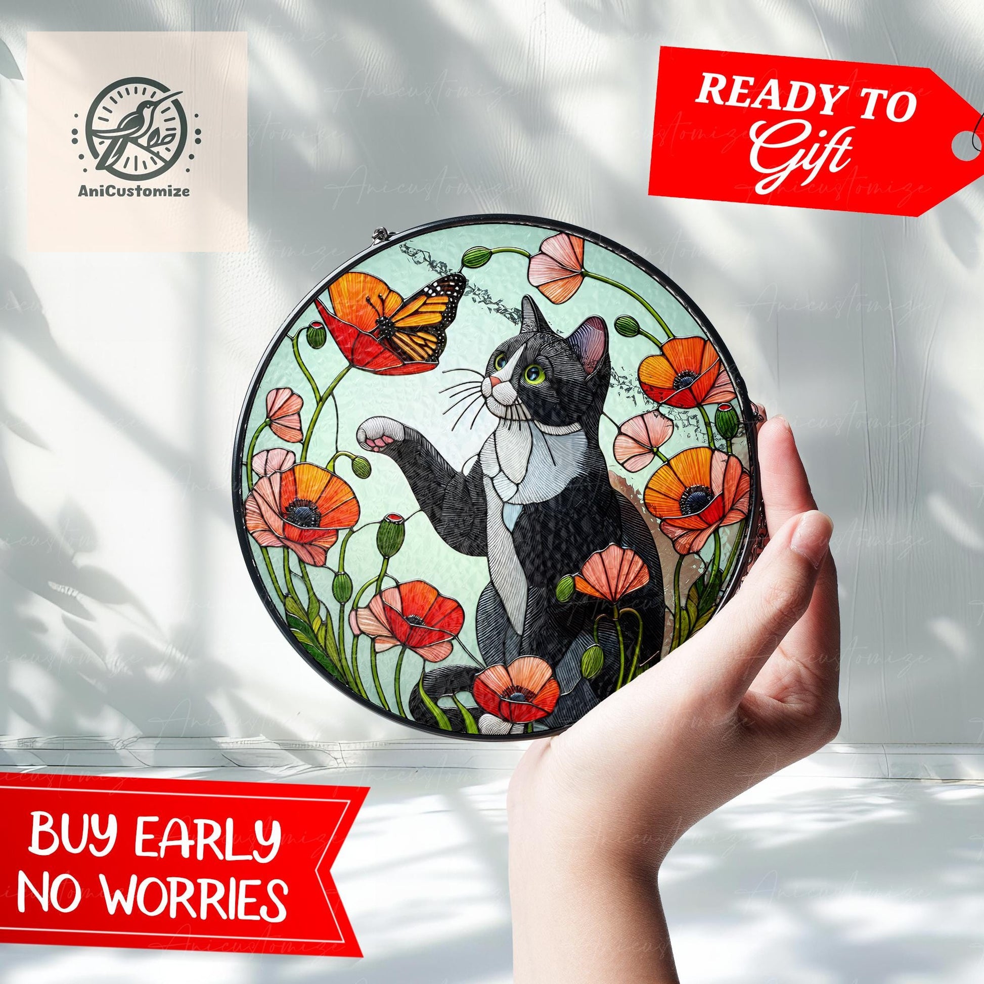 Tuxedo Cat Among Poppy Flower GLASS, Tuxedo Cat Decor, Cat Lover Cat Mom Gift, Cat Window Decor, Cat Memorial Gift