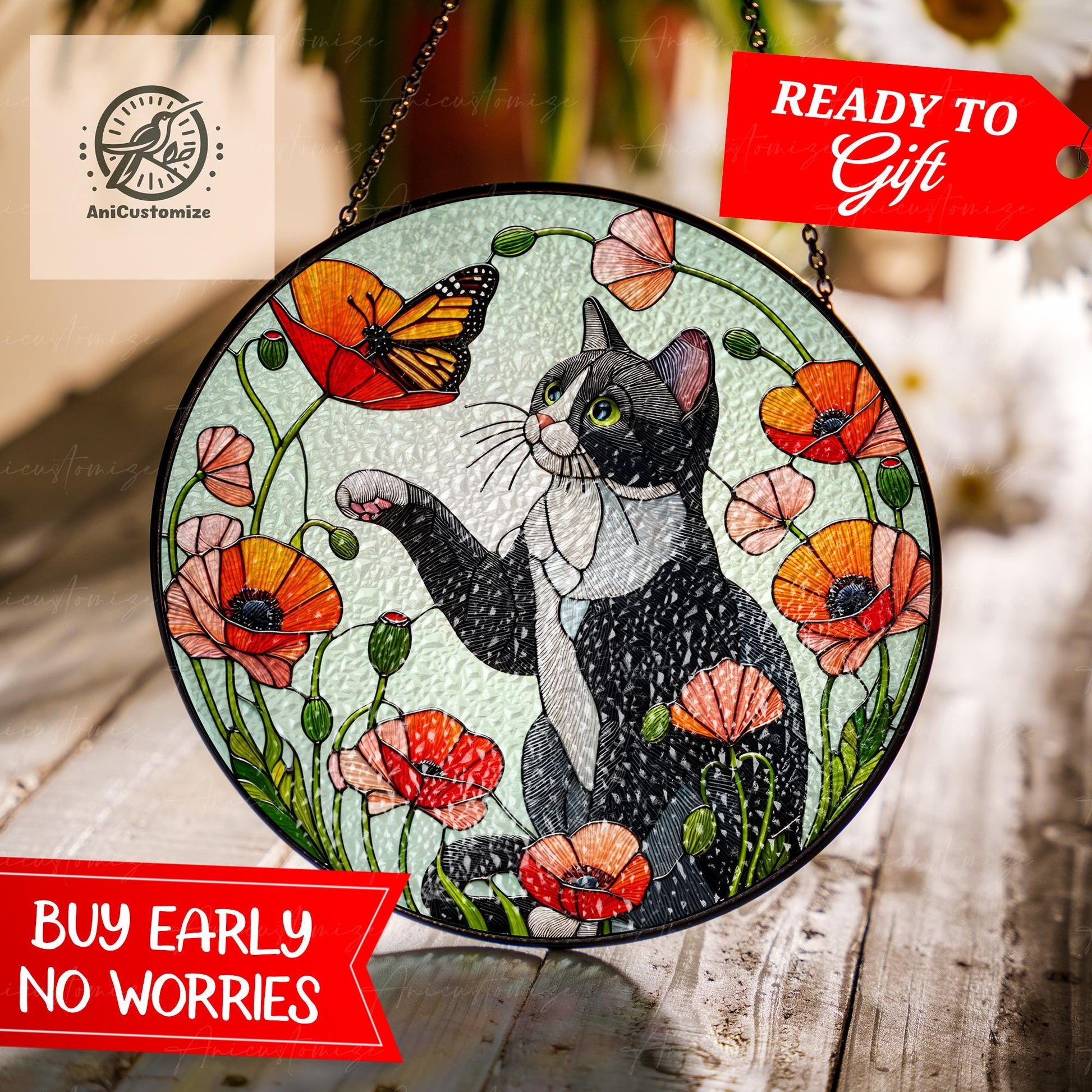 Tuxedo Cat Among Poppy Flower GLASS, Tuxedo Cat Decor, Cat Lover Cat Mom Gift, Cat Window Decor, Cat Memorial Gift
