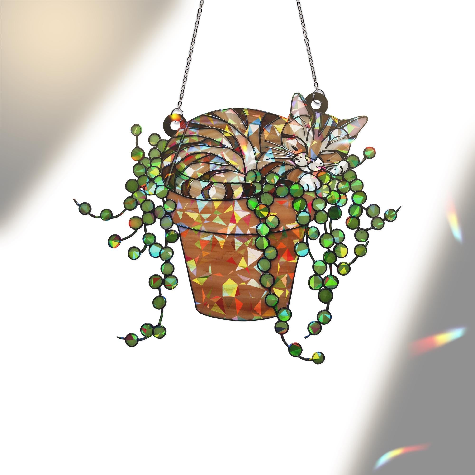 Tabby Cat & String of Pearl ACRYLIC Hologram Glass Hanging – Cat Mom Gift, Broken Glass Style Window Art, Plant Lover Decor