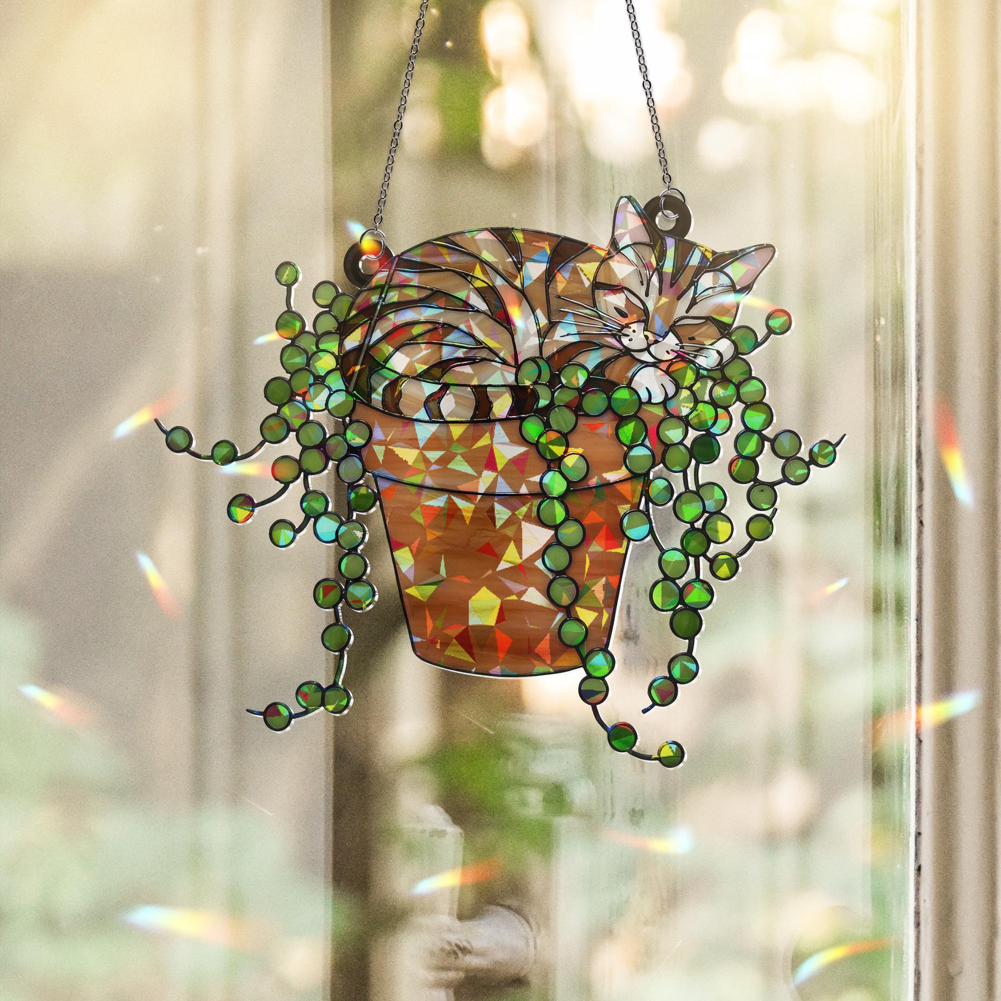 Tabby Cat & String of Pearl ACRYLIC Hologram Glass Hanging – Cat Mom Gift, Broken Glass Style Window Art, Plant Lover Decor