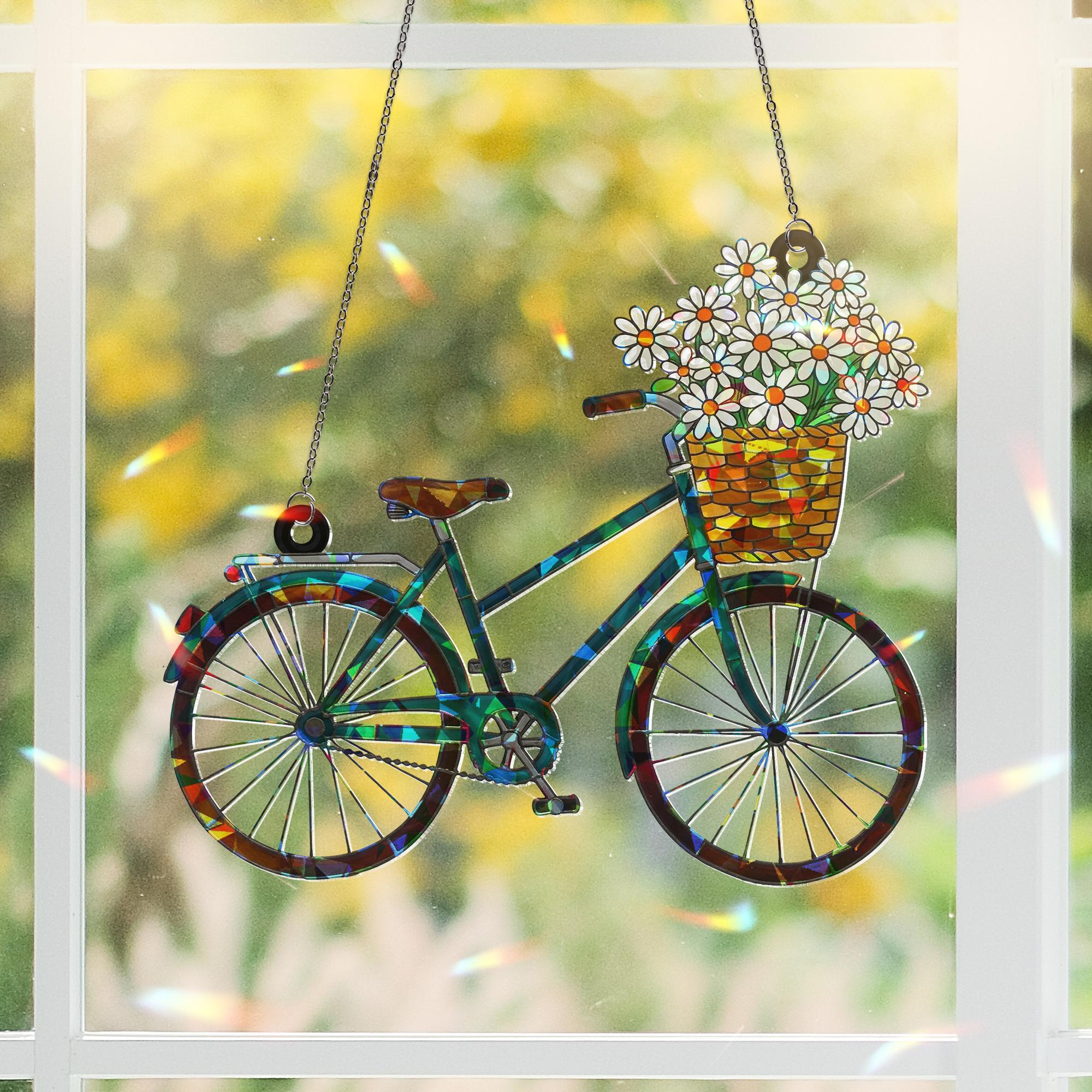 Bicycle with Flower Basket Hologram Ornament – Vintage Bike Window Decor, Gift for Dog Moms Who Love Flowers & Cycling
