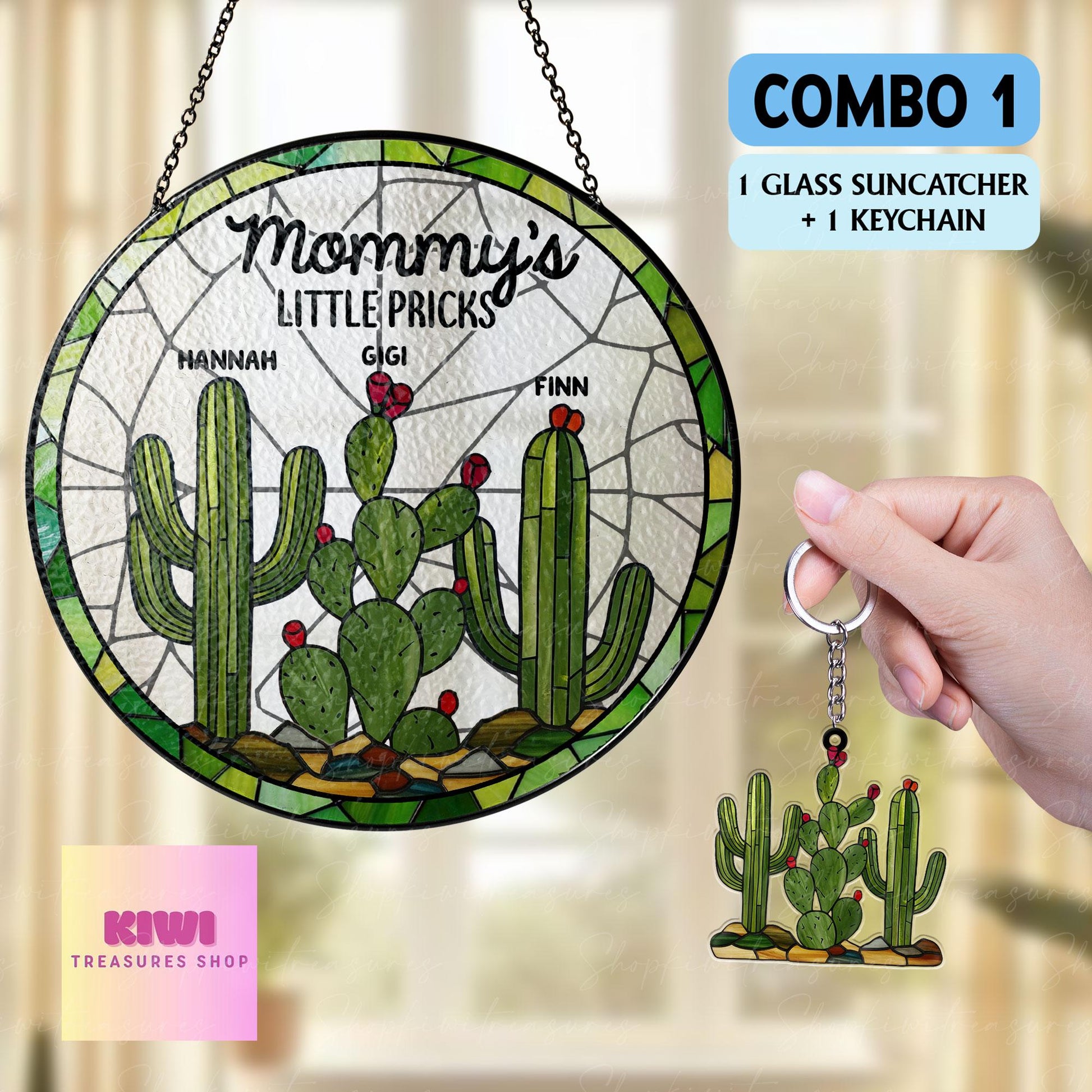 Mom's Little Pricks Glass Suncatcher – Funny Mother’s Day Gift with Kids’ Names, Custom Cactus Ornament for Mom, Personalized Window Decor