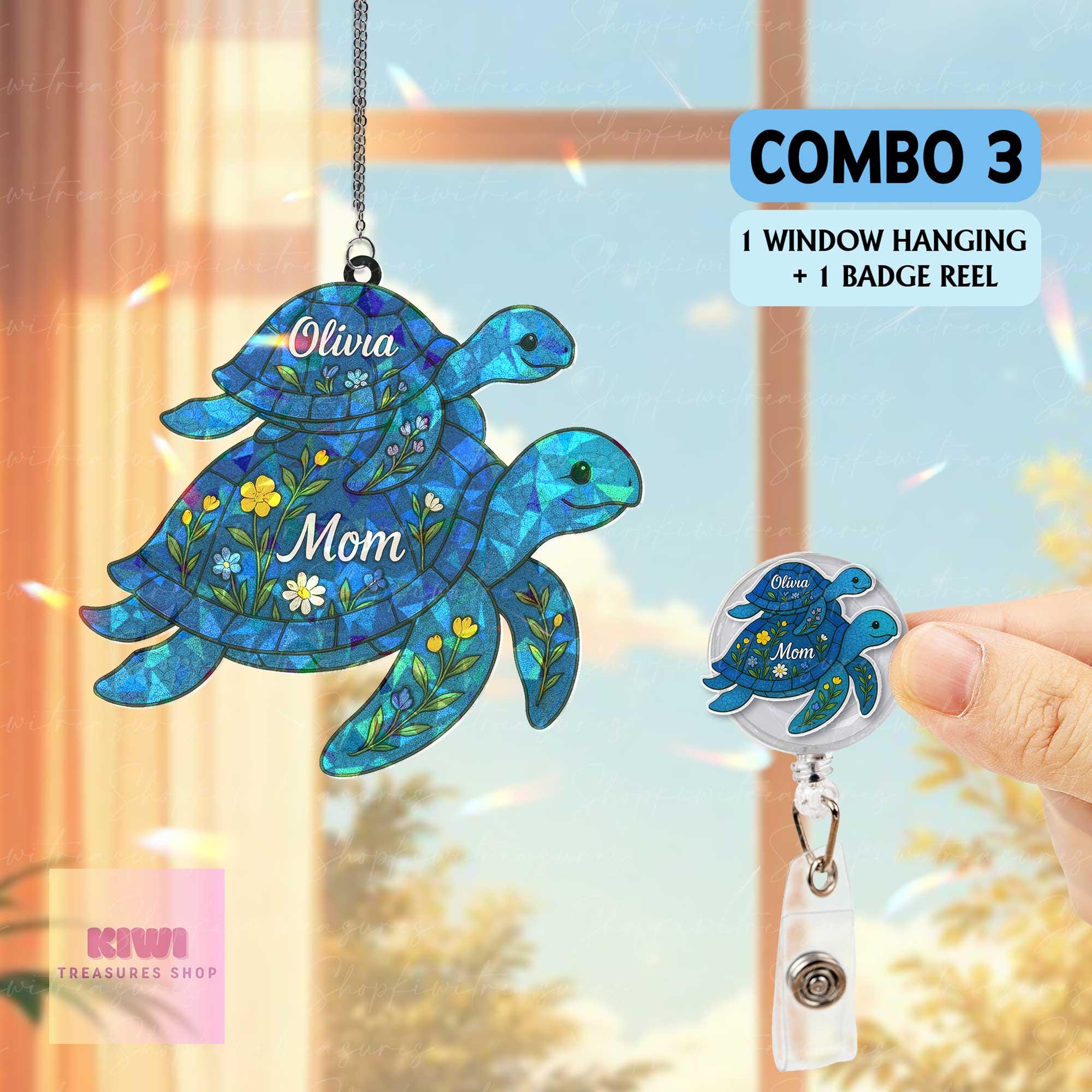 Personalized Turtle Hologram Suncatcher – Mother’s Day Gift for Mom with Kids’ Names, Ocean Animal Window Decor, turtle ornament