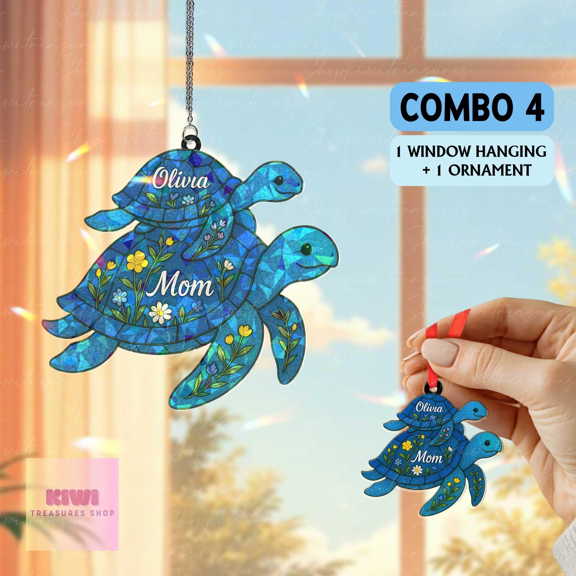 Personalized Turtle Hologram Suncatcher – Mother’s Day Gift for Mom with Kids’ Names, Ocean Animal Window Decor, turtle ornament