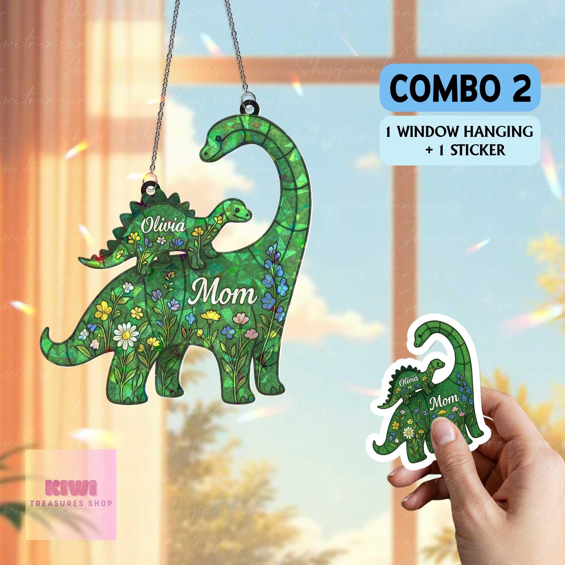 Personalized Dinosaur Mom Hologram Suncatcher – Custom Mother’s Day Gift with Kids’ Names, Cute Floral Dino Ornament,