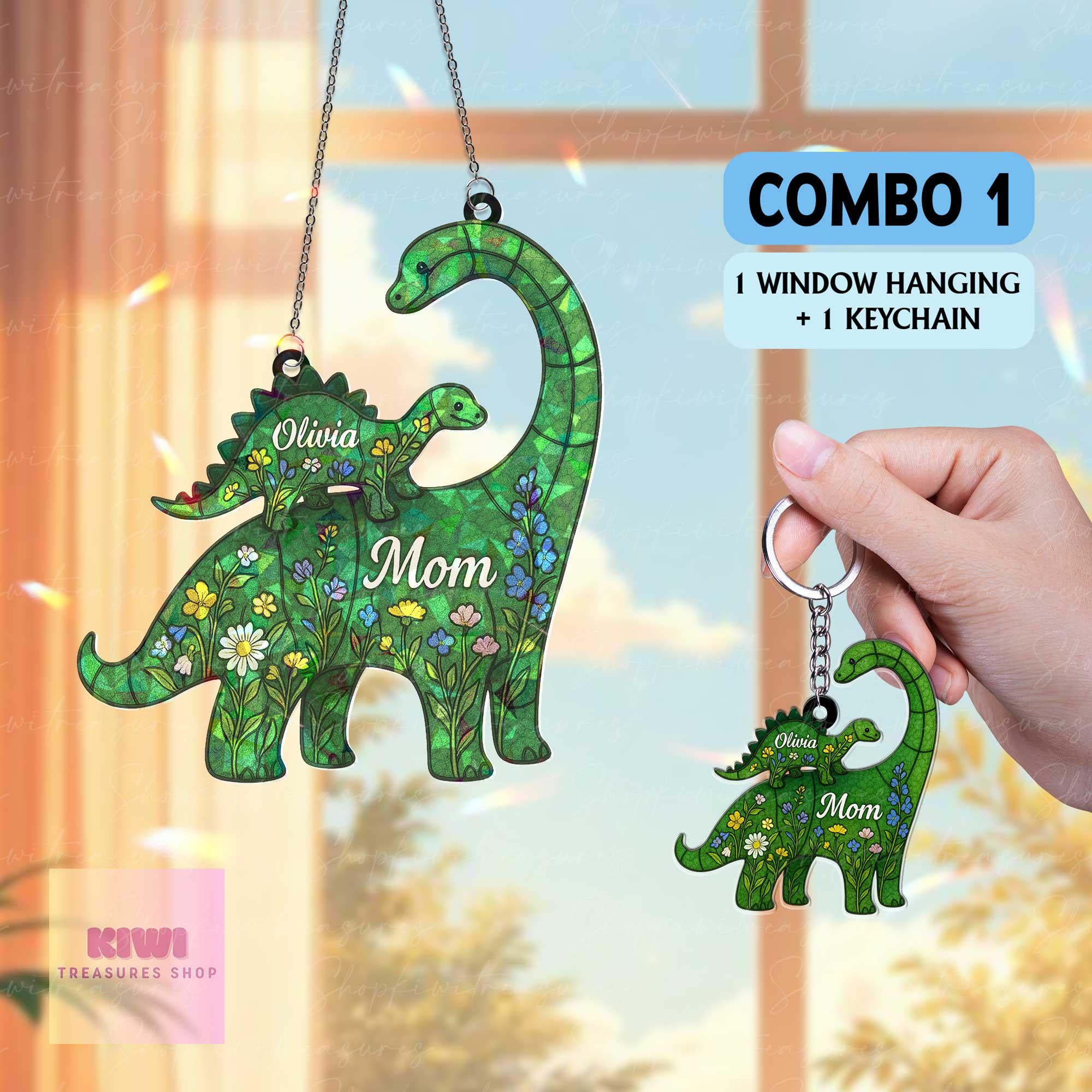 Personalized Dinosaur Mom Hologram Suncatcher – Custom Mother’s Day Gift with Kids’ Names, Cute Floral Dino Ornament,
