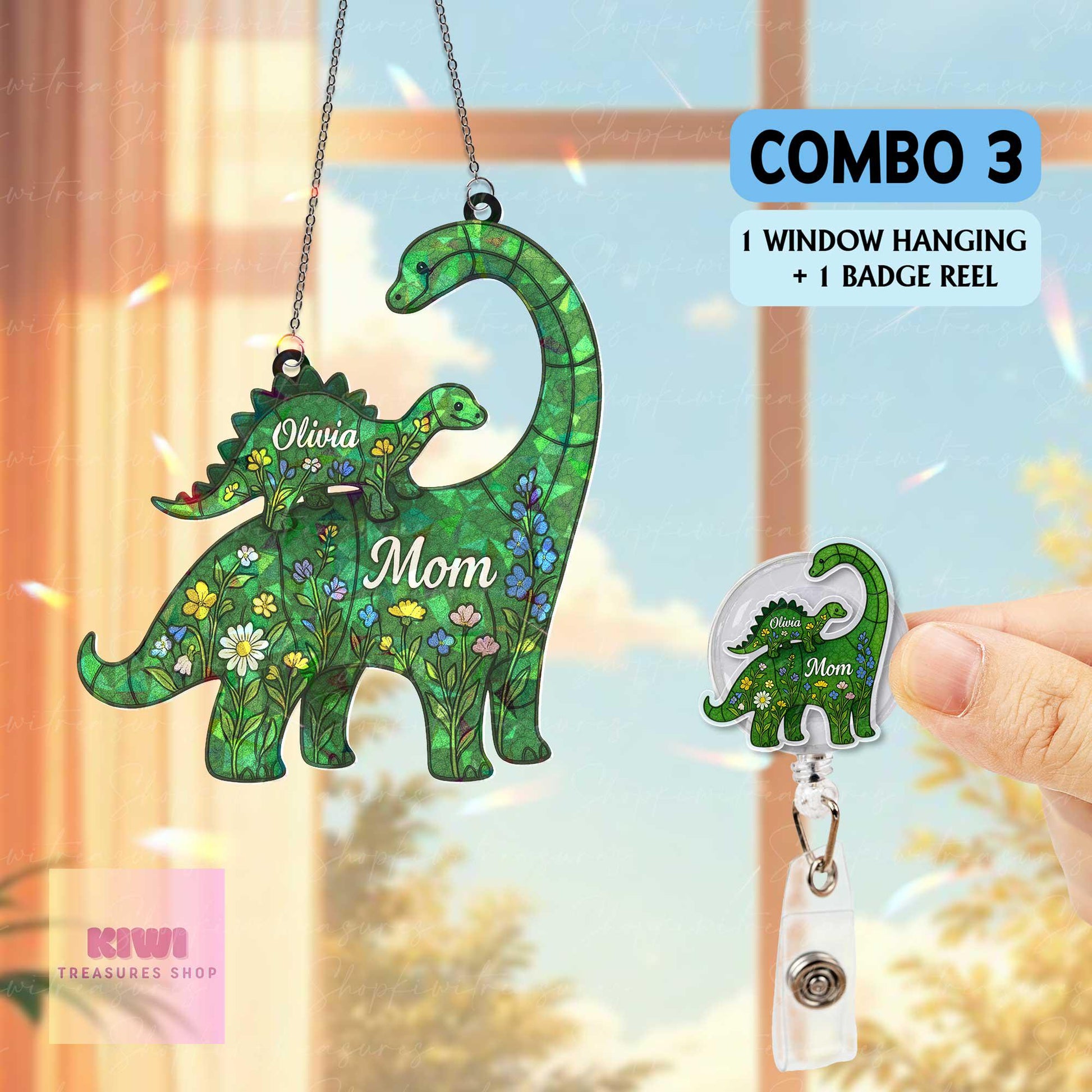 Personalized Dinosaur Mom Hologram Suncatcher – Custom Mother’s Day Gift with Kids’ Names, Cute Floral Dino Ornament,