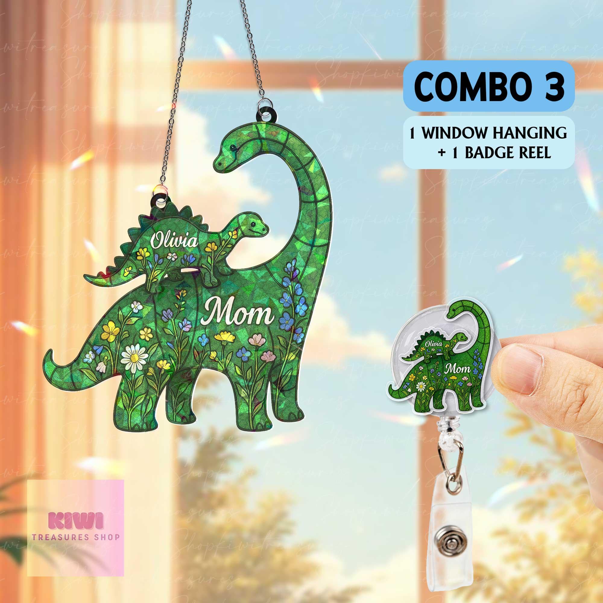 Personalized Dinosaur Mom Hologram Suncatcher – Custom Mother’s Day Gift with Kids’ Names, Cute Floral Dino Ornament,