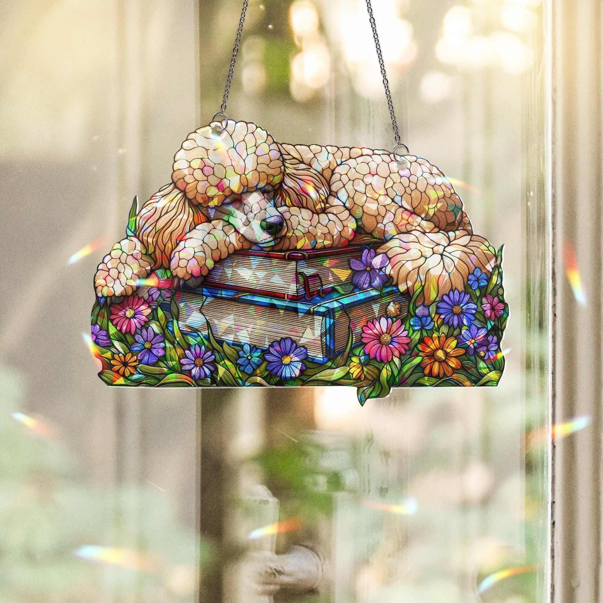 Poodle Book Lover Suncatcher – Hologram acrylic Ornament, Mother’s Day Gift for Dog Mom Loves Reading, Cute Pet Window Decor