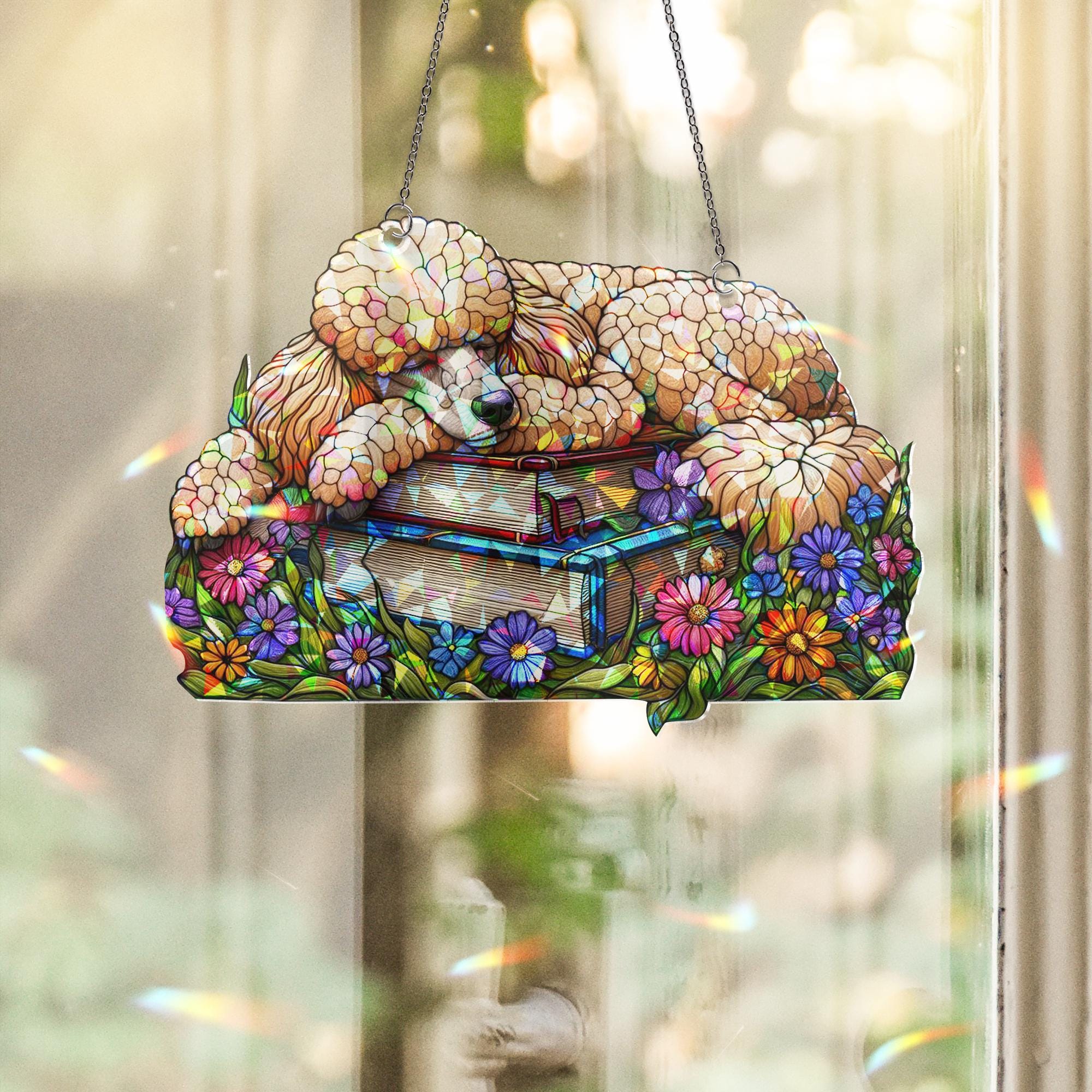Poodle Book Lover Suncatcher – Hologram acrylic Ornament, Mother’s Day Gift for Dog Mom Loves Reading, Cute Pet Window Decor