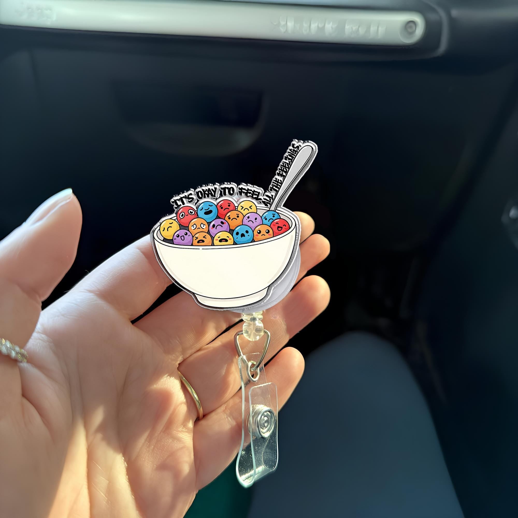 It's Okay to Feel Badge Reel | Emotional Cereal Bowl ID Holder | Mental Health Gift for Nurses, Therapists, Teachers, Counselors