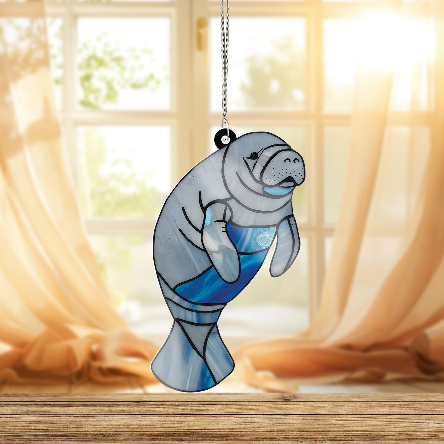 Manatee Acrylic Window Hanging Decor, Cute Manatee Ornament, Gift for Manatee Lover, Ocean Animal Wall Art Beach House