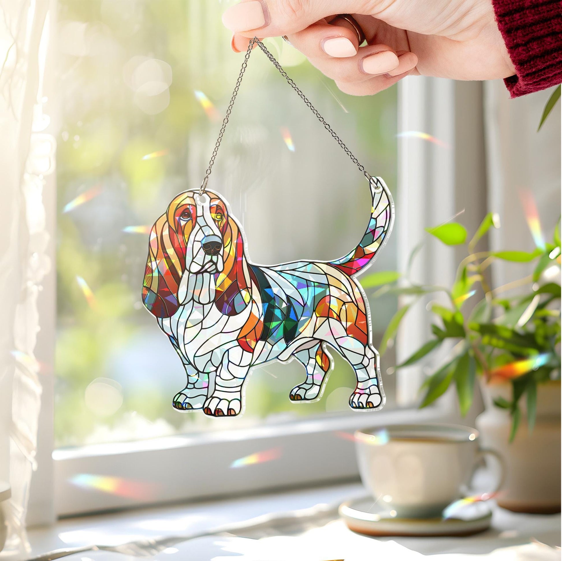 Hologram Basset Hound Acrylic Window hanging,  suncatcher hologram window decor, Basset hound dog mom gift, memorial gift