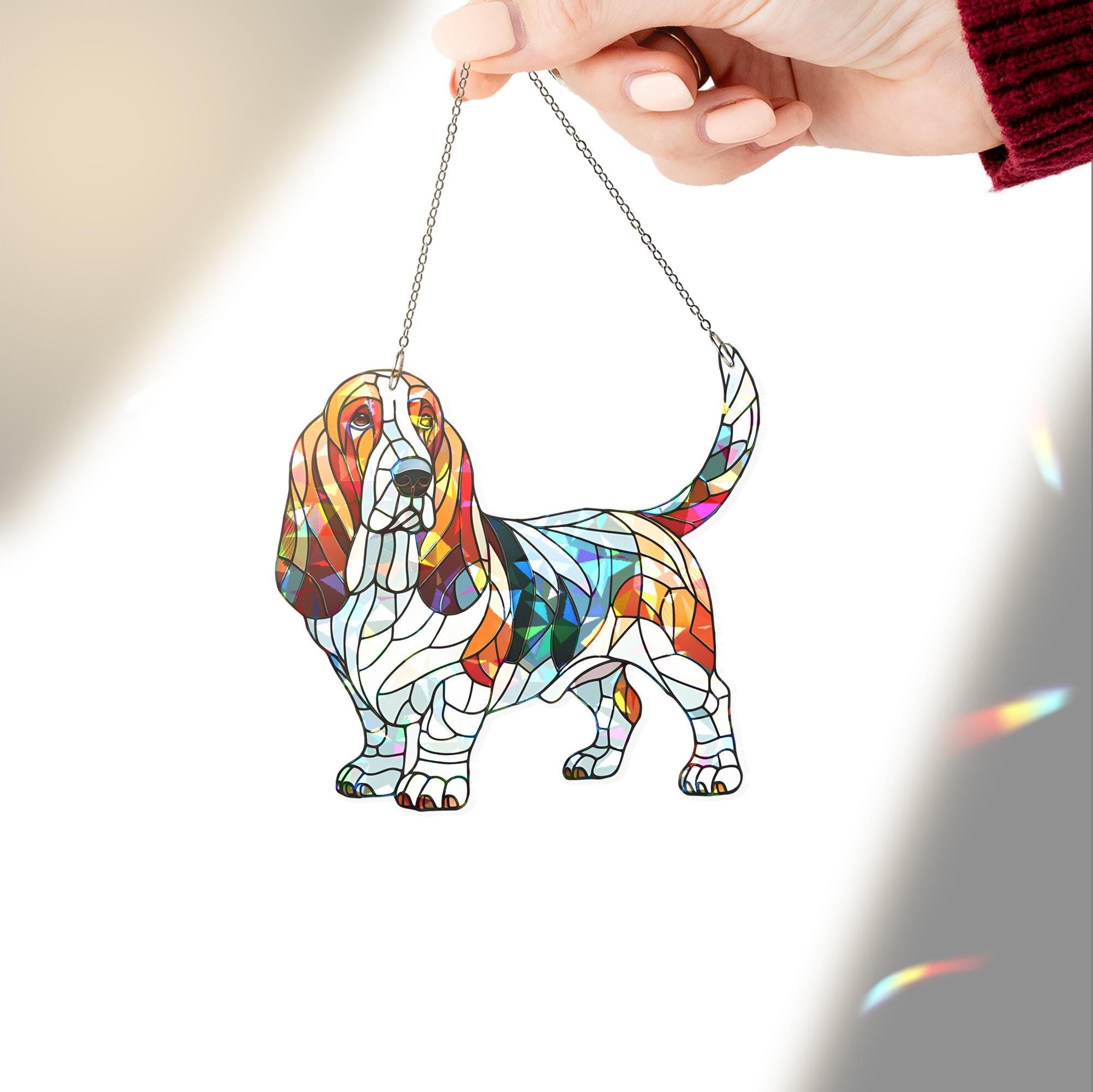Hologram Basset Hound Acrylic Window hanging,  suncatcher hologram window decor, Basset hound dog mom gift, memorial gift