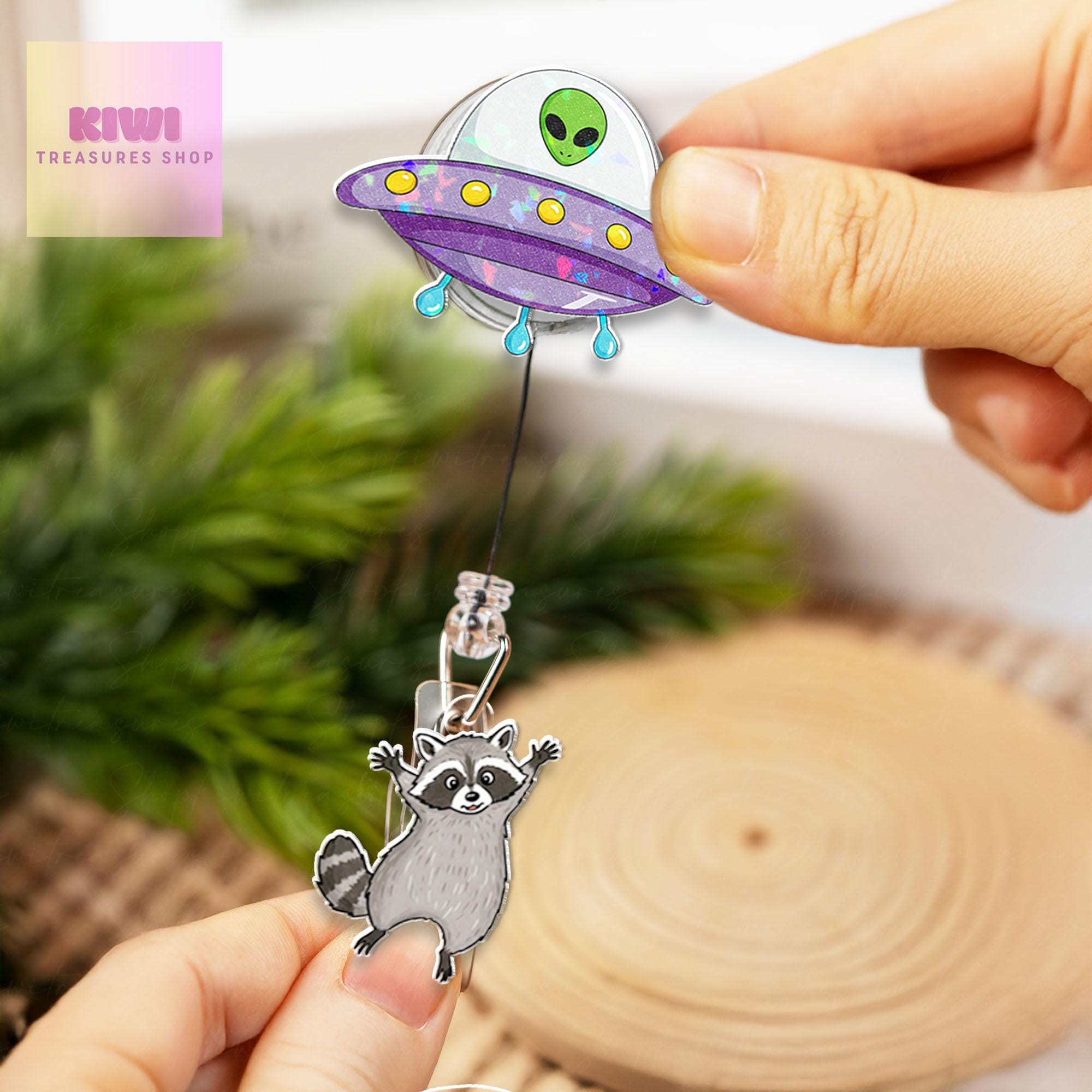 Funny Ufo abduction raccoon badge reel, Funny Ufo alien badge reel, nurse id Holder, nurse accessories, Trash panda meme