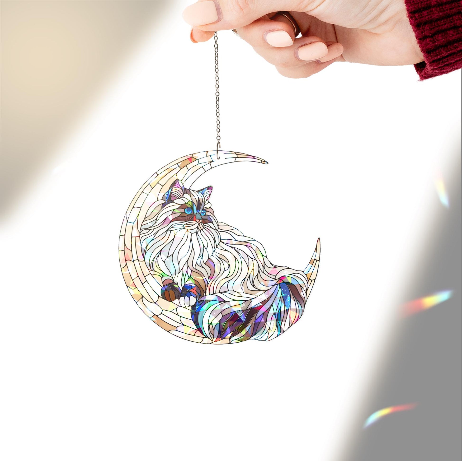 Hologram Ragdoll Cat On Moon Acrylic Window Hanging, Cat Lover Gift, Ragdoll Cat memorial, Ragdoll Lover Gift, Loss Of Cat Gift,Cat Ornament