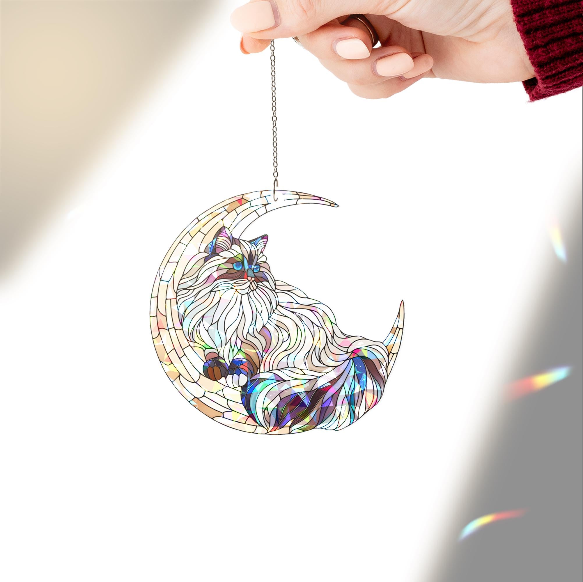 Hologram Ragdoll Cat On Moon Acrylic Window Hanging, Cat Lover Gift, Ragdoll Cat memorial, Ragdoll Lover Gift, Loss Of Cat Gift,Cat Ornament