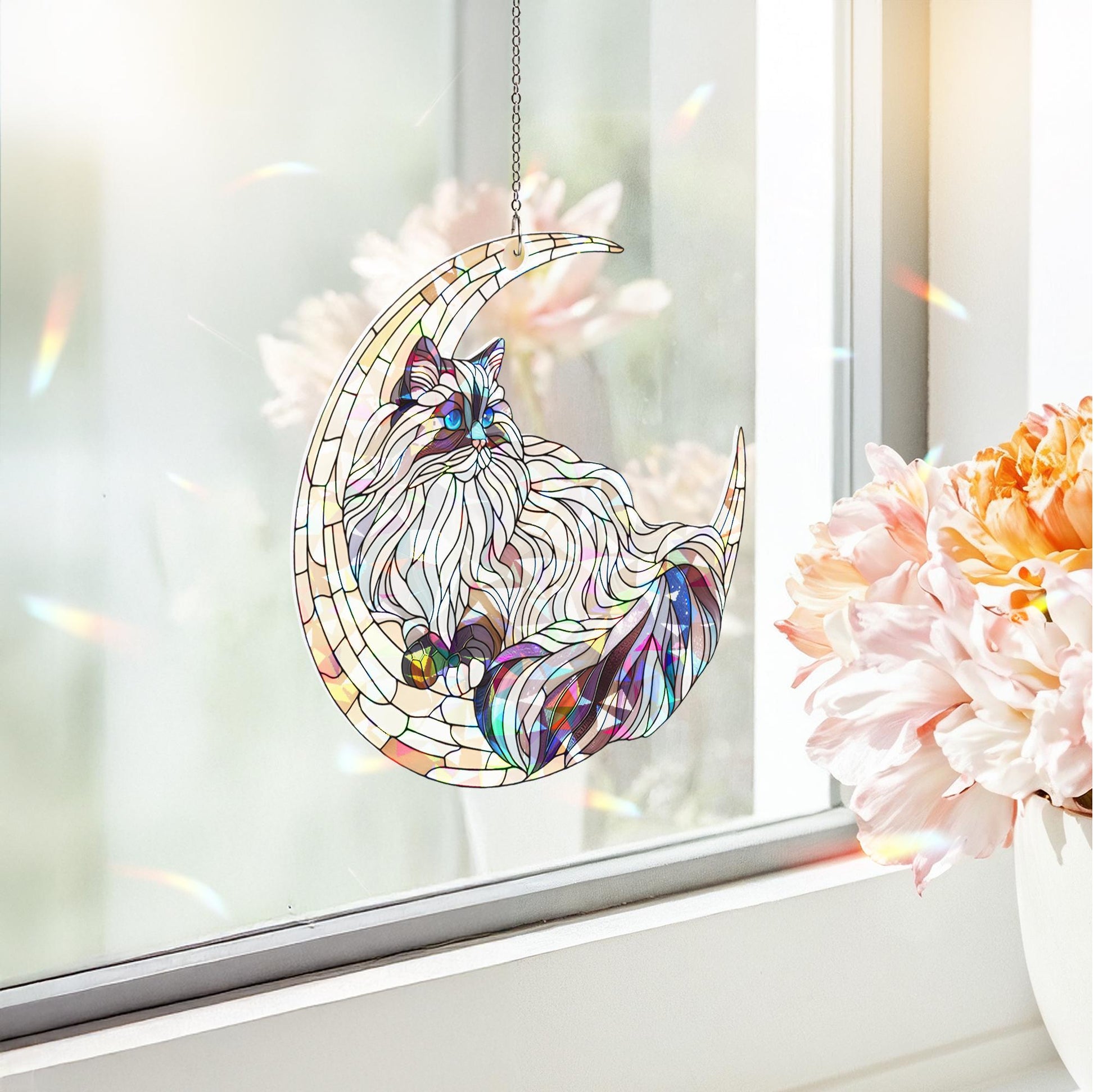 Hologram Ragdoll Cat On Moon Acrylic Window Hanging, Cat Lover Gift, Ragdoll Cat memorial, Ragdoll Lover Gift, Loss Of Cat Gift,Cat Ornament