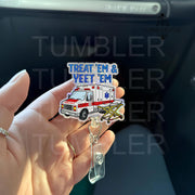 Treat 'Em And Yeet 'Em badge reel, funny paramedic pun ID holder for nurse accessories, gift for EMS professionals, ambulance paramedic
