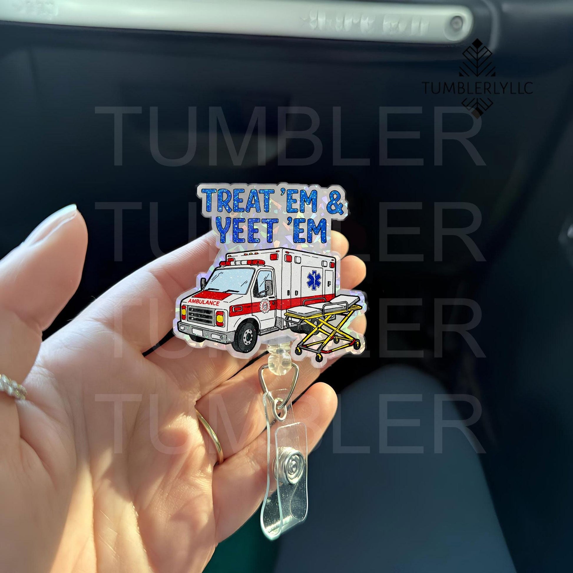 Treat 'Em And Yeet 'Em badge reel, funny paramedic pun ID holder for nurse accessories, gift for EMS professionals, ambulance paramedic