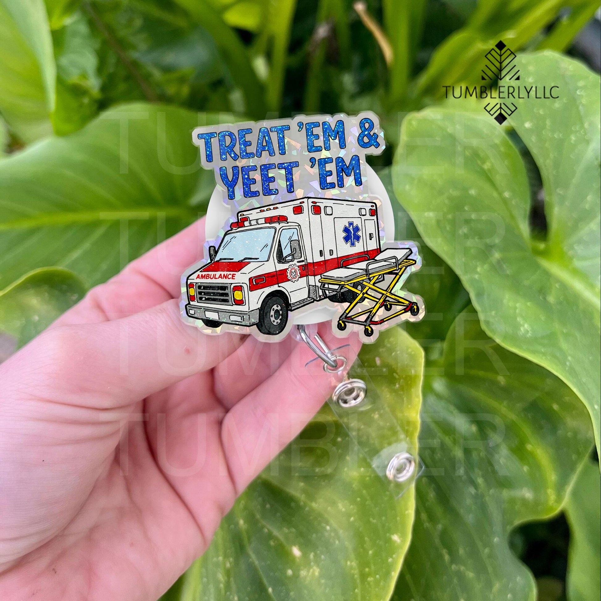 Treat 'Em And Yeet 'Em badge reel, funny paramedic pun ID holder for nurse accessories, gift for EMS professionals, ambulance paramedic