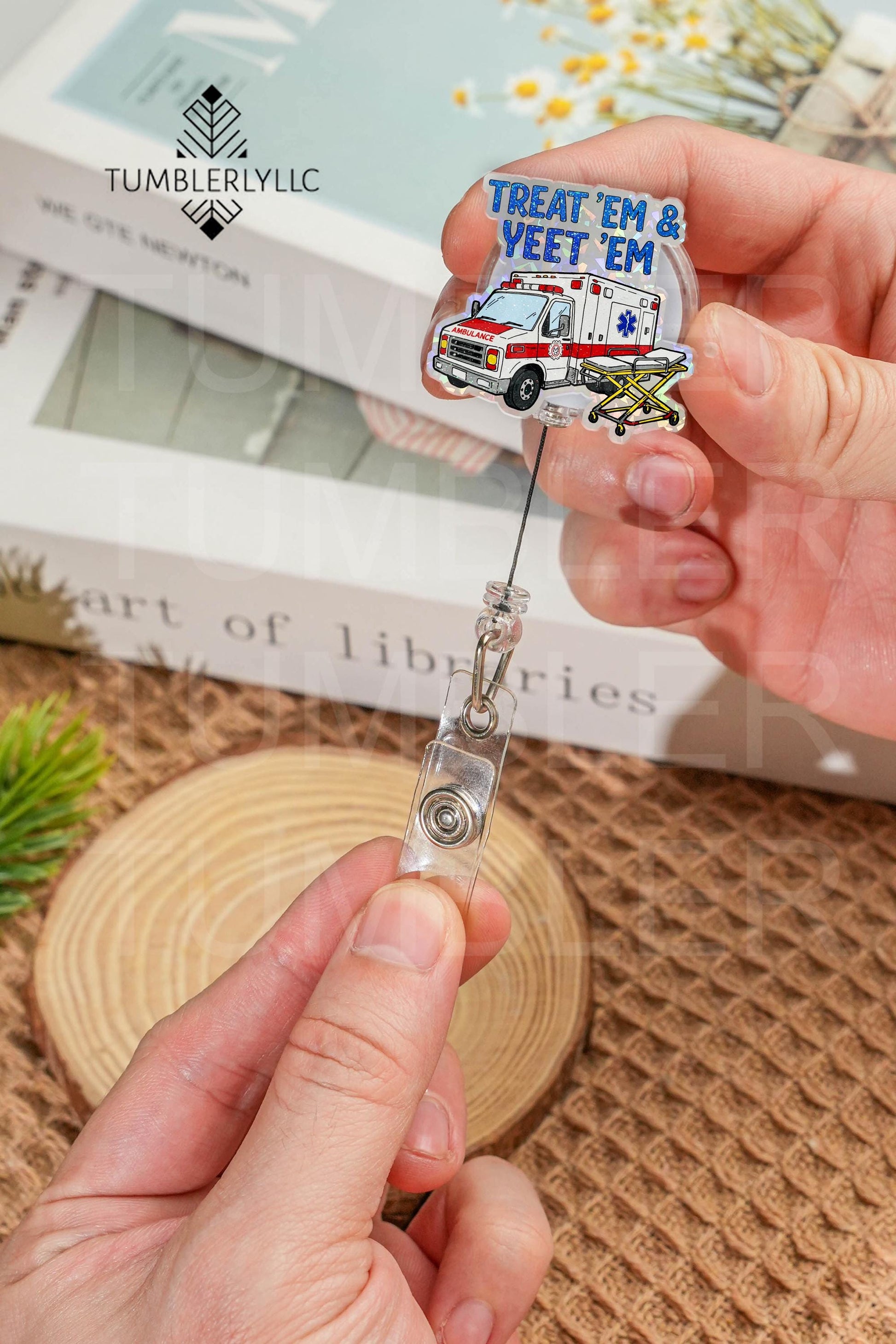 Treat 'Em And Yeet 'Em badge reel, funny paramedic pun ID holder for nurse accessories, gift for EMS professionals, ambulance paramedic