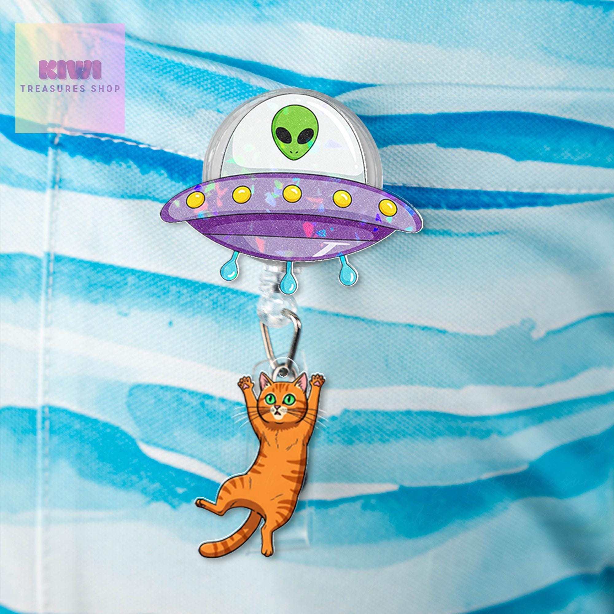 Funny Ufo abduction orange cat badge reel, Funny Ufo alien badge reel, nurse id Holder, nurse accessories, cat mom gift