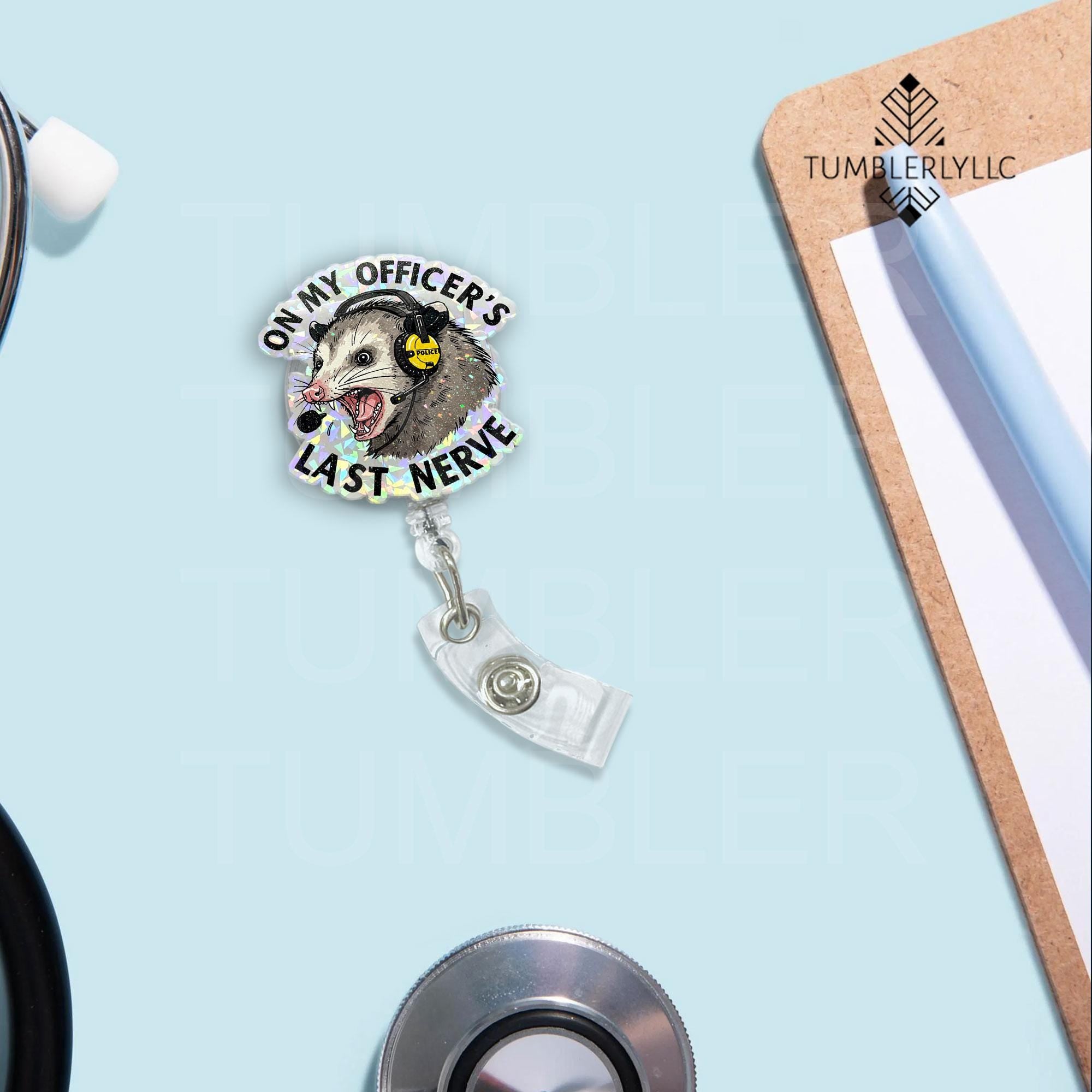 911 Dispatcher badge reel, funny opossum design for emergency responders, quirky ID holder gift for police and EMTs, for officers, ID holder
