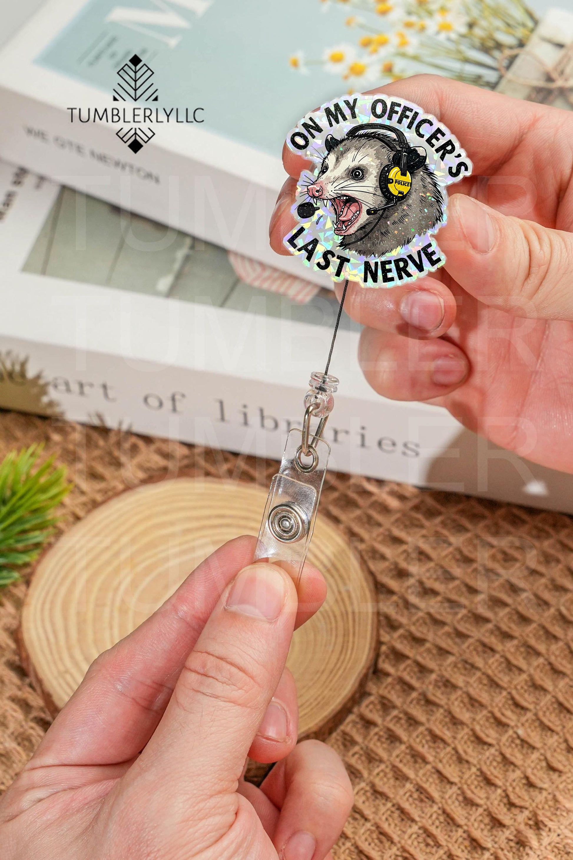 911 Dispatcher badge reel, funny opossum design for emergency responders, quirky ID holder gift for police and EMTs, for officers, ID holder